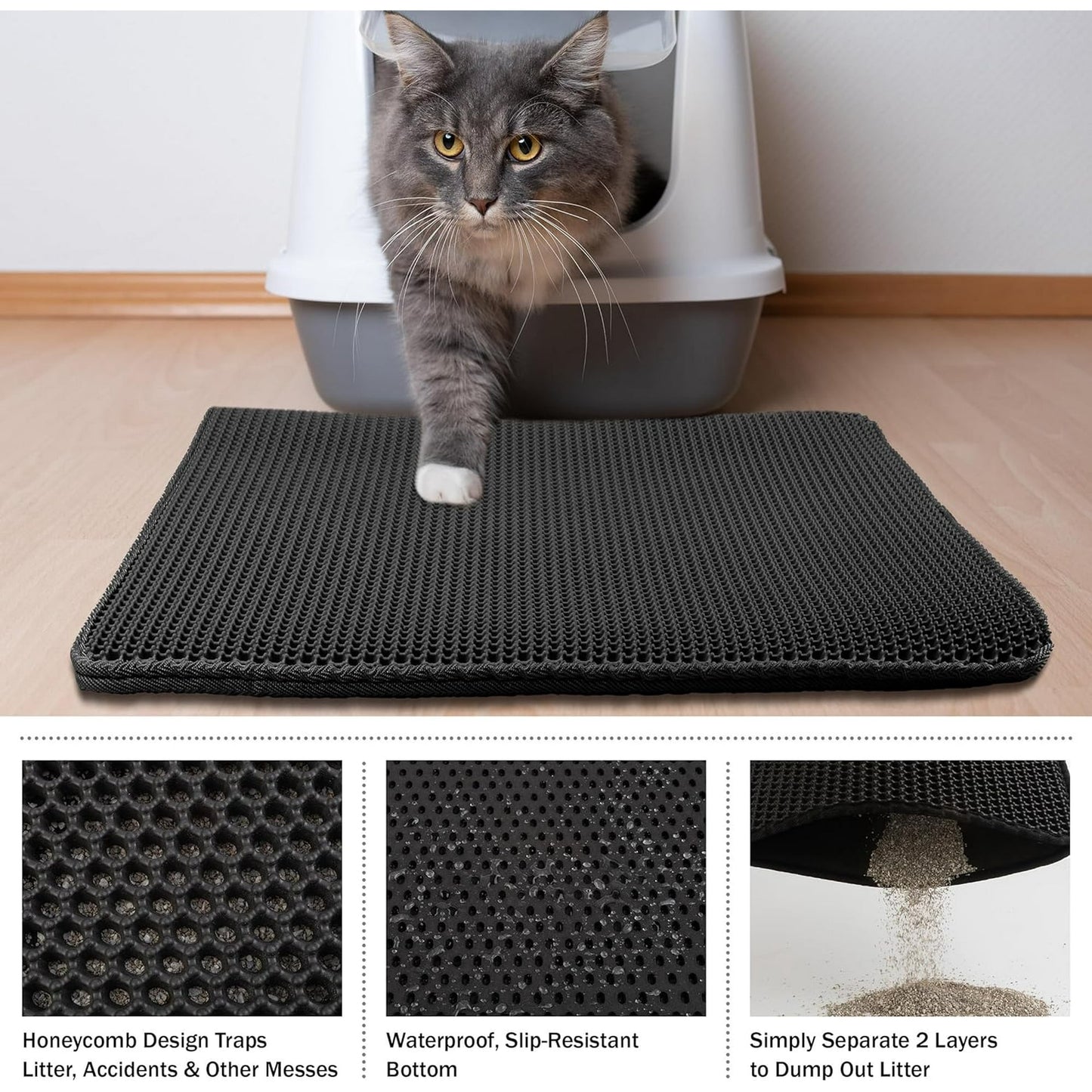 BN-LINK 21" x 29" Cat Litter Mat Trapping Match, Honeycomb Double Layer Design, Urine-Proof and Water Proof, Scatter Control, Easier to Clean & Washable(Black)