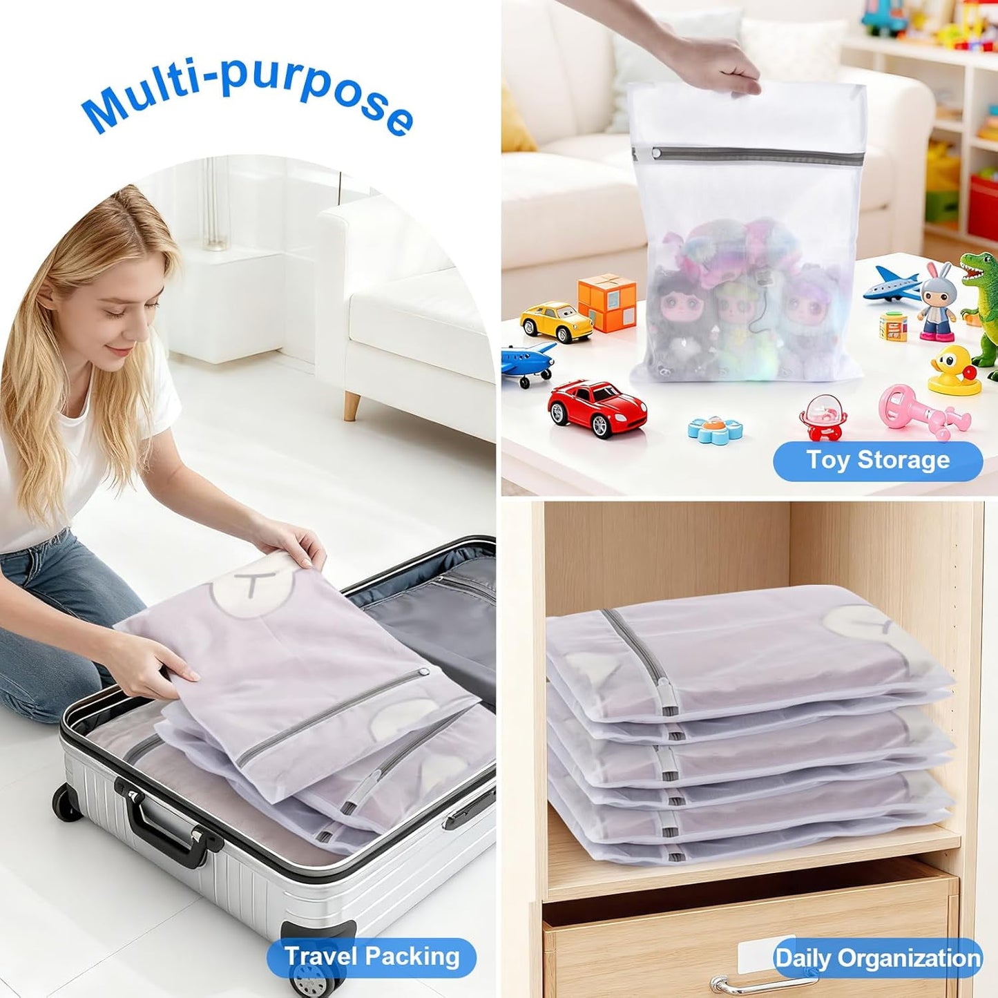 Behome 7 Pack Laundry Bags, Mesh Wash Bags with Zipper Protective Cover, Delicate Laundry Bags for Clothes, Underwear, Lingerie, White, 7 Sizes