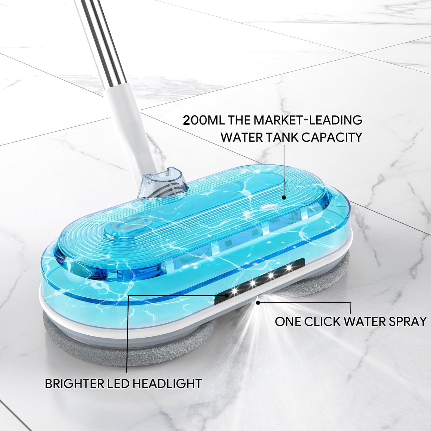 BN-LINK Cordless Electric Mop with Water Sprayer & LED Headlight, Powerful Floor Cleaner with 200ML Water Tank, Polisher for Hardwood, Tile Floors, Quiet Cleaning & Waxing