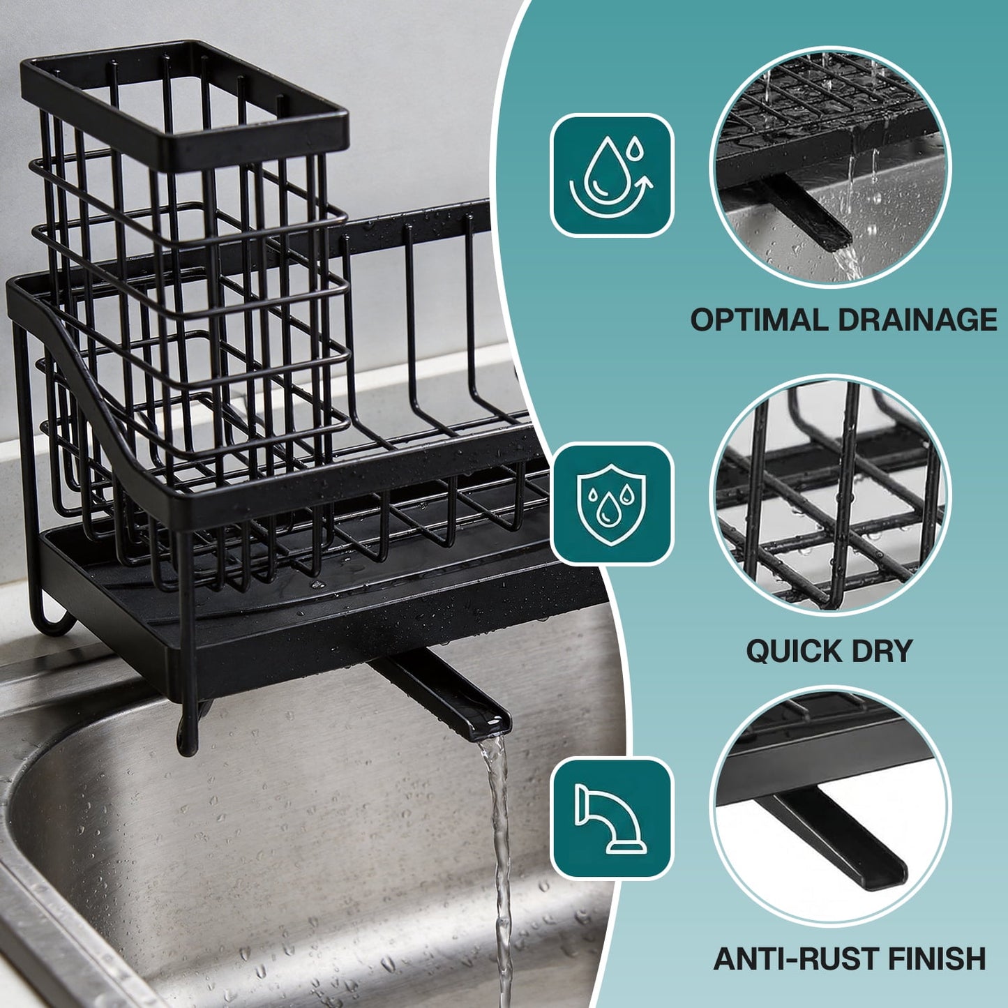 Behome Sponge Holder for Kitchen Sink, Sink Caddy Organizer with Brush Holder and Removable Drain Tray, Rustproof Kitchen Countertop Organizer for Sponge, Soap Dispenser Storage Accessories, Black