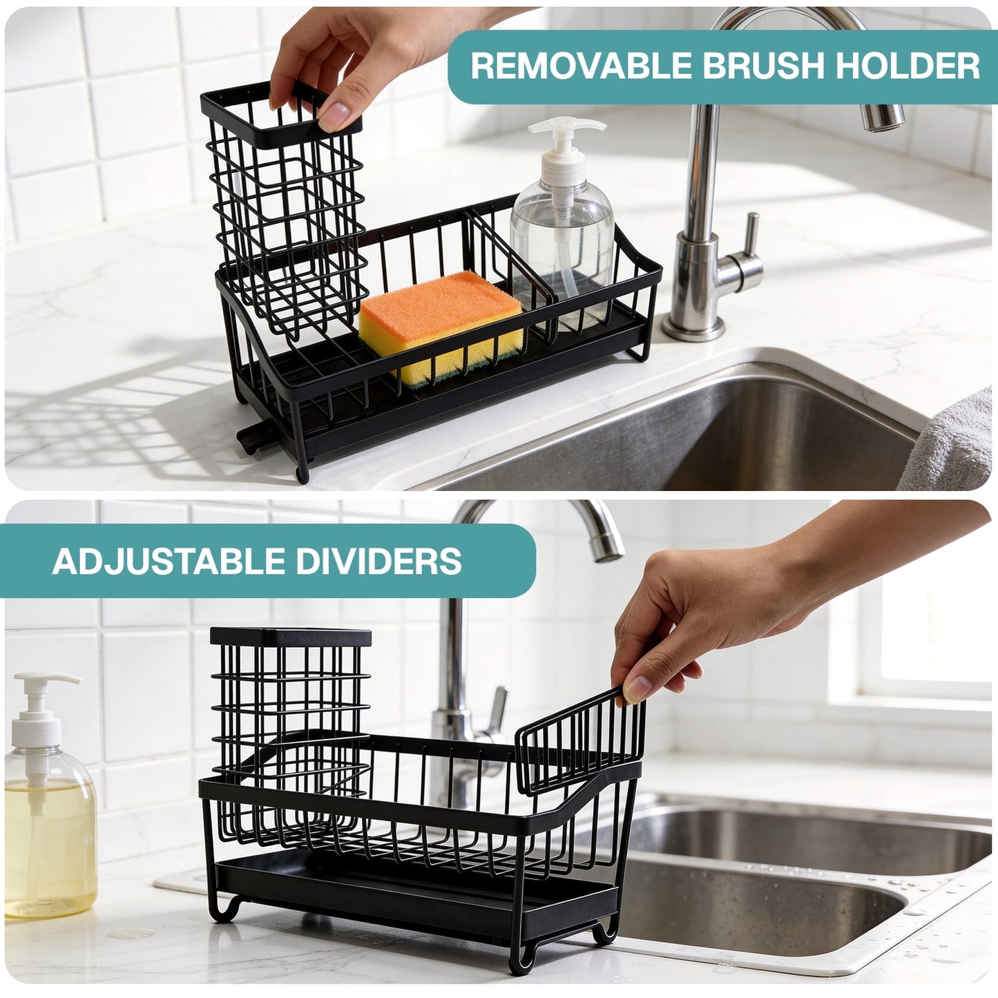Behome Sponge Holder for Kitchen Sink, Sink Caddy Organizer with Brush Holder and Removable Drain Tray, Rustproof Kitchen Countertop Organizer for Sponge, Soap Dispenser Storage Accessories, Black