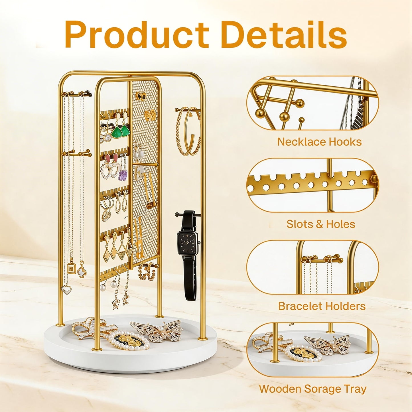 Behome Jewelry Stand, 5 Tier Large Necklace Holder with Wood Base, Jewelry Holder Organizer for Bracelet, Necklace, Earrings, Rings, Gold