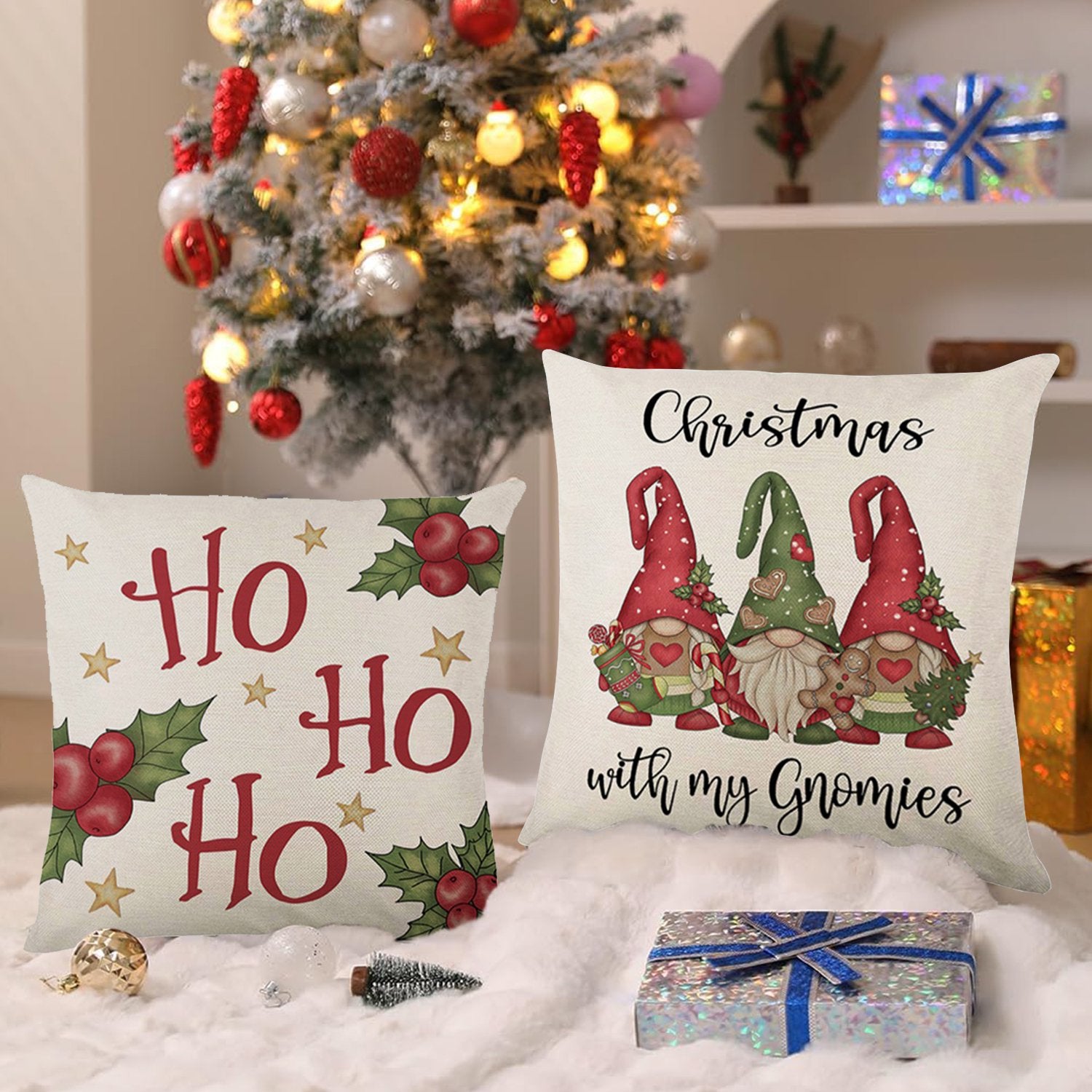 Behome Christmas Pillow Covers, 18 x 18 inch Set of 4 Christmas Decorative Throw Pillows Covers, Christmas Decorations Holiday White Pillow Cases for Couch Sofa