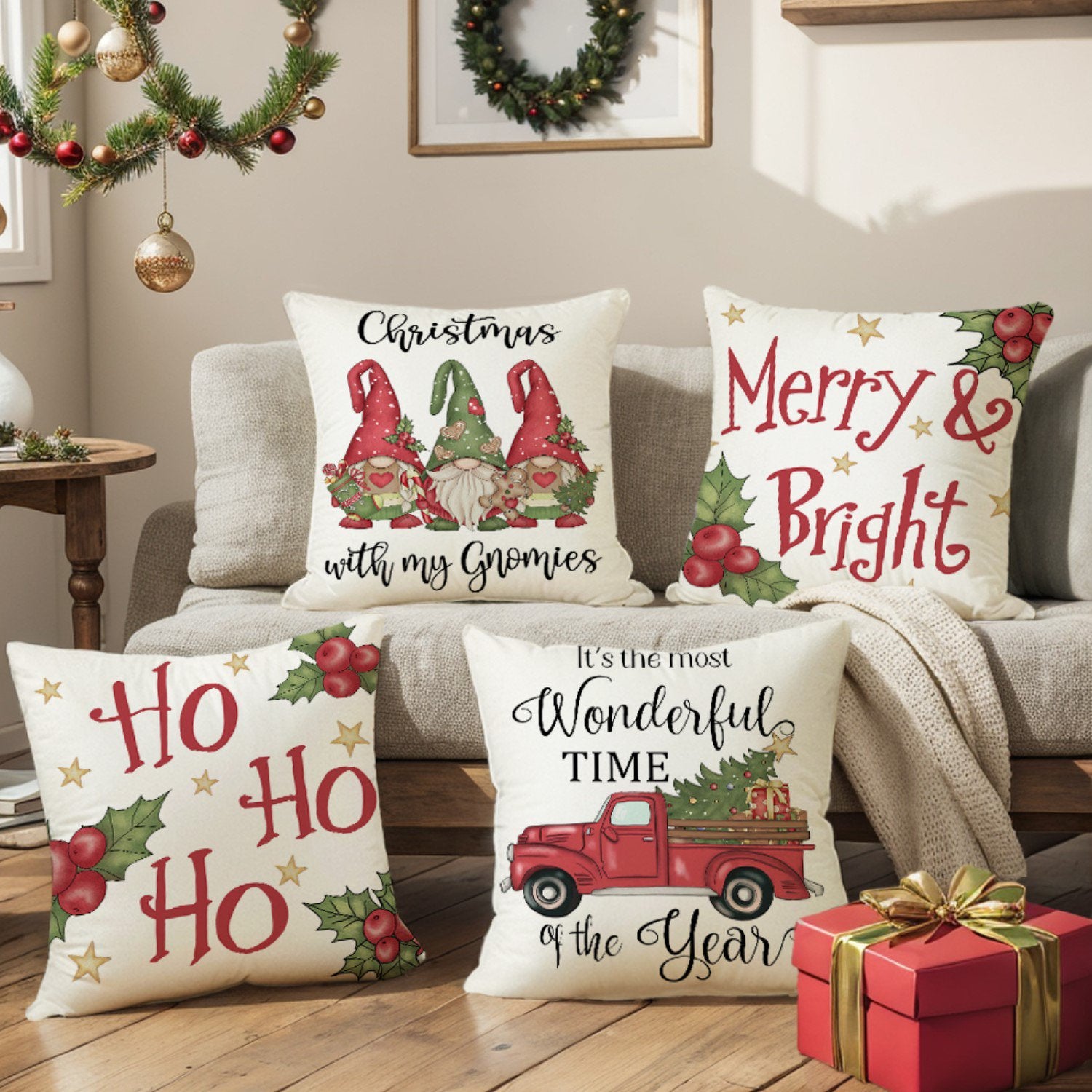 Behome Christmas Pillow Covers, 18 x 18 inch Set of 4 Christmas Decorative Throw Pillows Covers, Christmas Decorations Holiday White Pillow Cases for Couch Sofa