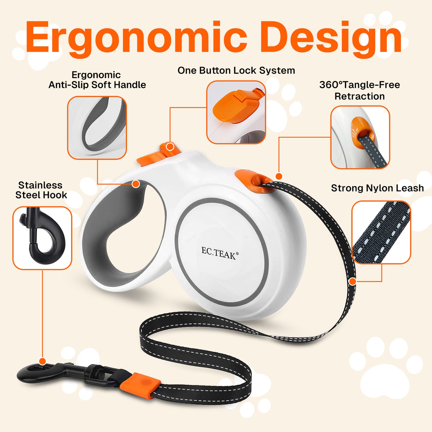 Behome 16Ft Retractable Dog Leash,Walking Leash for Medium Dogs/Cats Up to 66lbs,Luminous Spring Strong Nylon Tape, 360° Tangle Free, One-Handed Brake