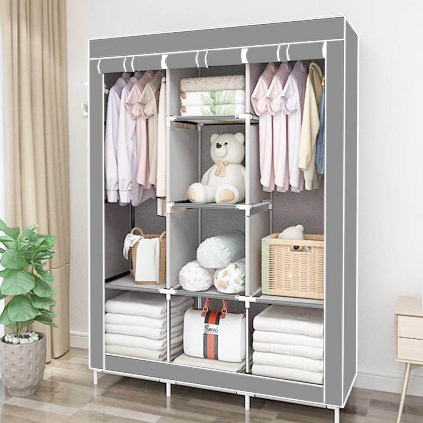 Behome Portable Closet Wardrobe, Wardrobe Closet Organizer with Non-Woven Fabric Cover, 8 Compartments, Large Clothes Storage Organizer, 51.2 x 17.7 x 67 Inches, Grey