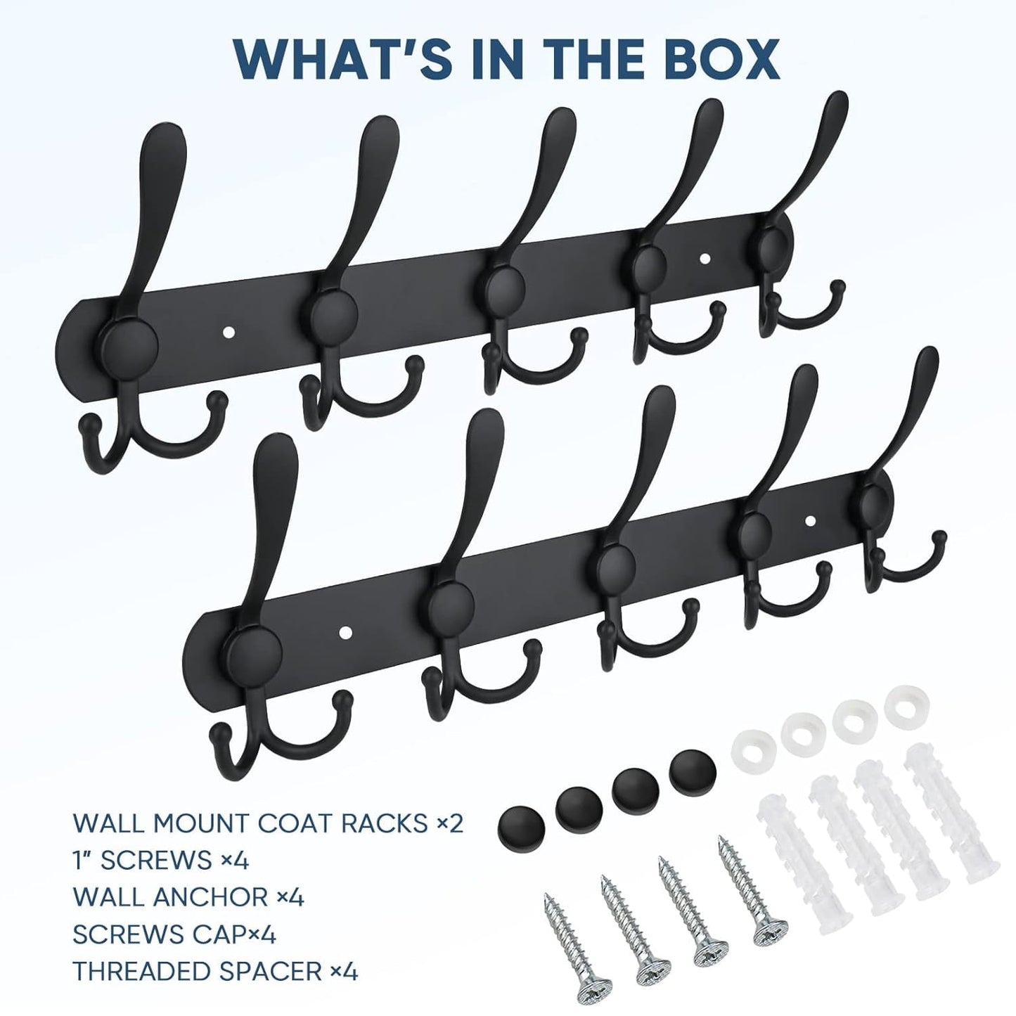 Behome 2 Packs Coat Rack Wall Mounted, Hat Wall Rack with 5 Hooks, for Hanging Jackets, Hats, Coats
