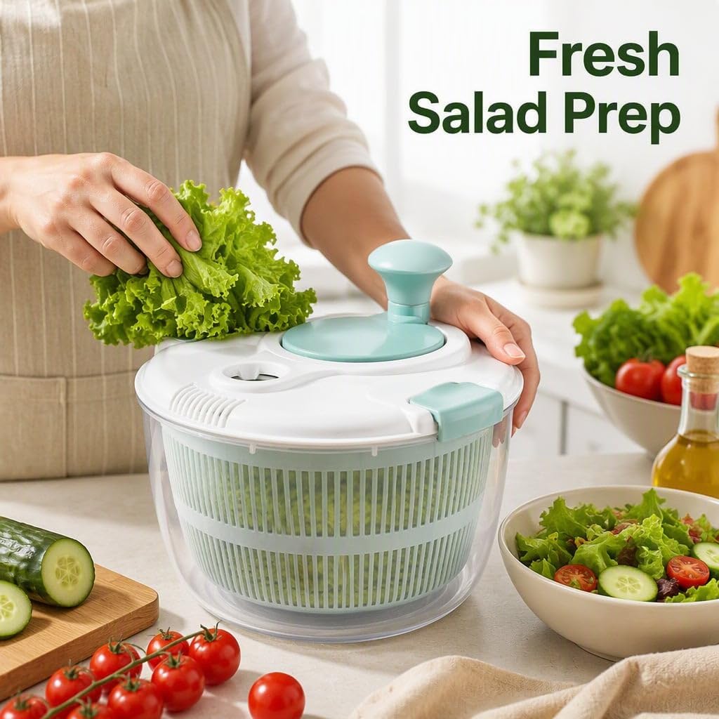 BN-LINK Salad Spinner, 4.8 Quart Large Capacity, Durable Multi-Use Lettuce and Fruit Washer Spinner& Dryer with Built-in Drainage System, Non-skid Base and Free Silicone Lid for Storage or Picnic