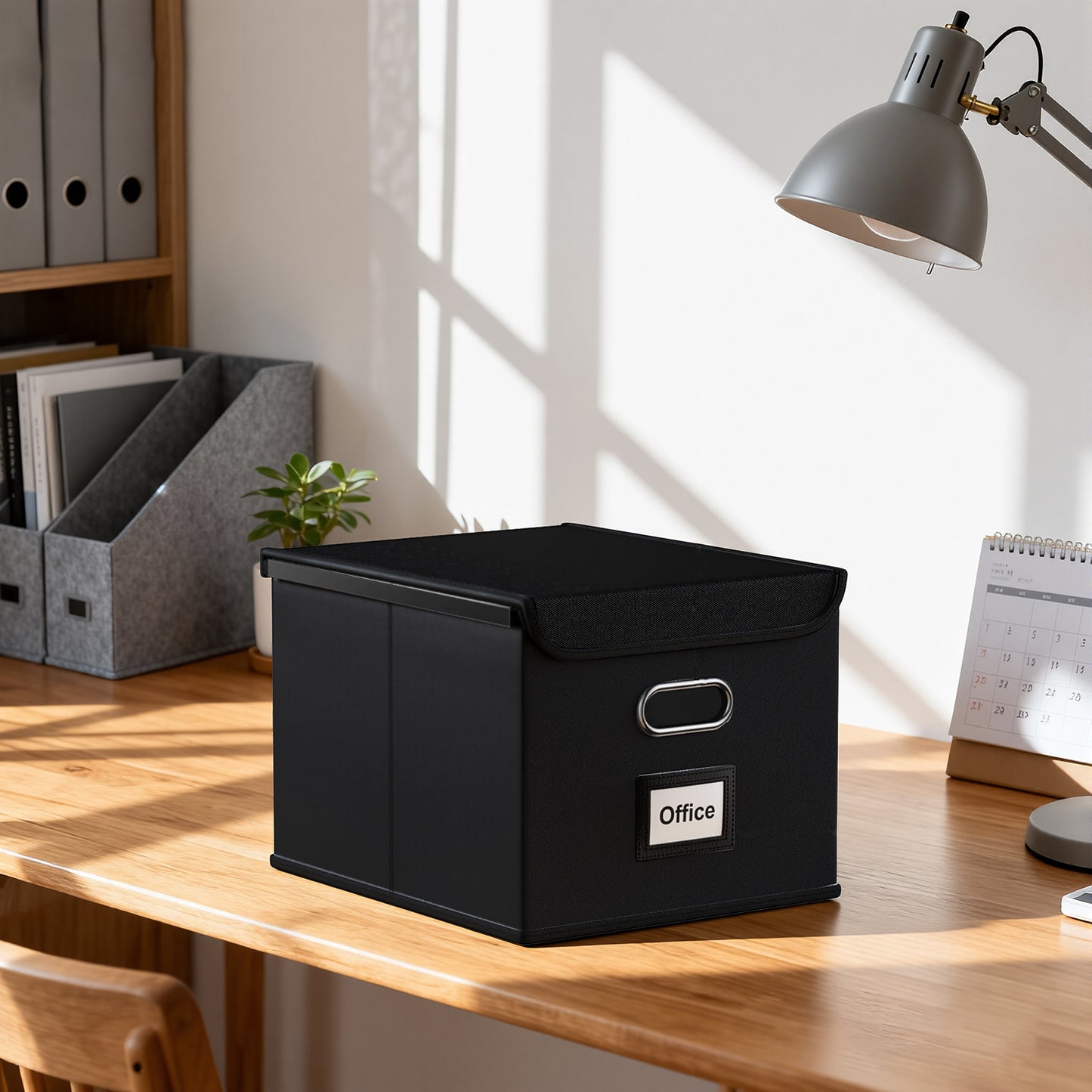 Behome File Box, Foldable File Organiser Box with Lid, Foldable Fabric Hanging Filing Box with Plastic Slide for Home Storage Office Filing, Black