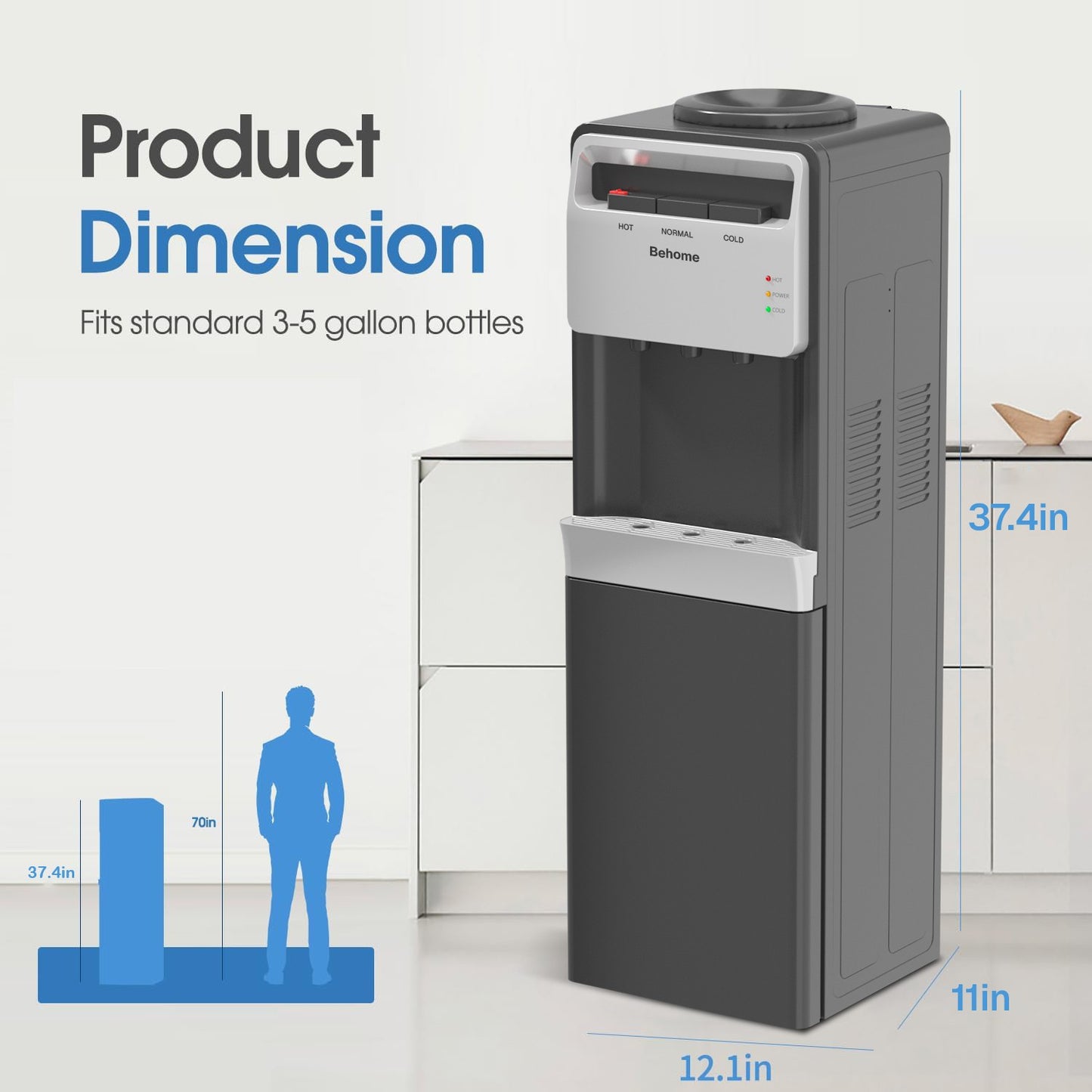 Behome Top Loading Water Cooler Dispenser, 3 Temperature Settings-Hot, Cold & Normal Water, Child Safety Lock, Holds 3 or 5 Gallon Bottles, for Homes, Kitchens, Offices, Dorms