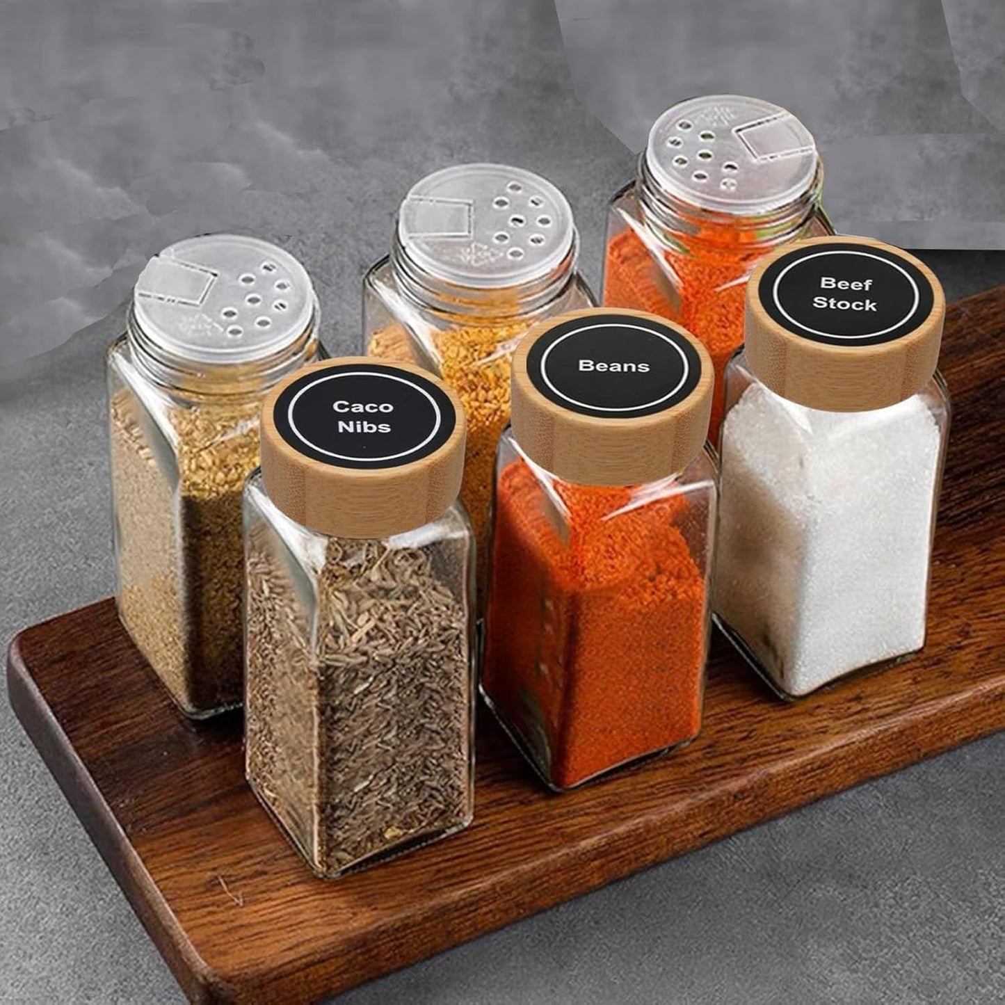 Behome 24 Pcs Glass Spice Jars with Bamboo Lids, 4oz Empty Square Spice Bottles with Shaker Lids, Labels, Funnel, Chalk Pen, Seasoning Bottles for Spice Rack, Drawer, Cabinet