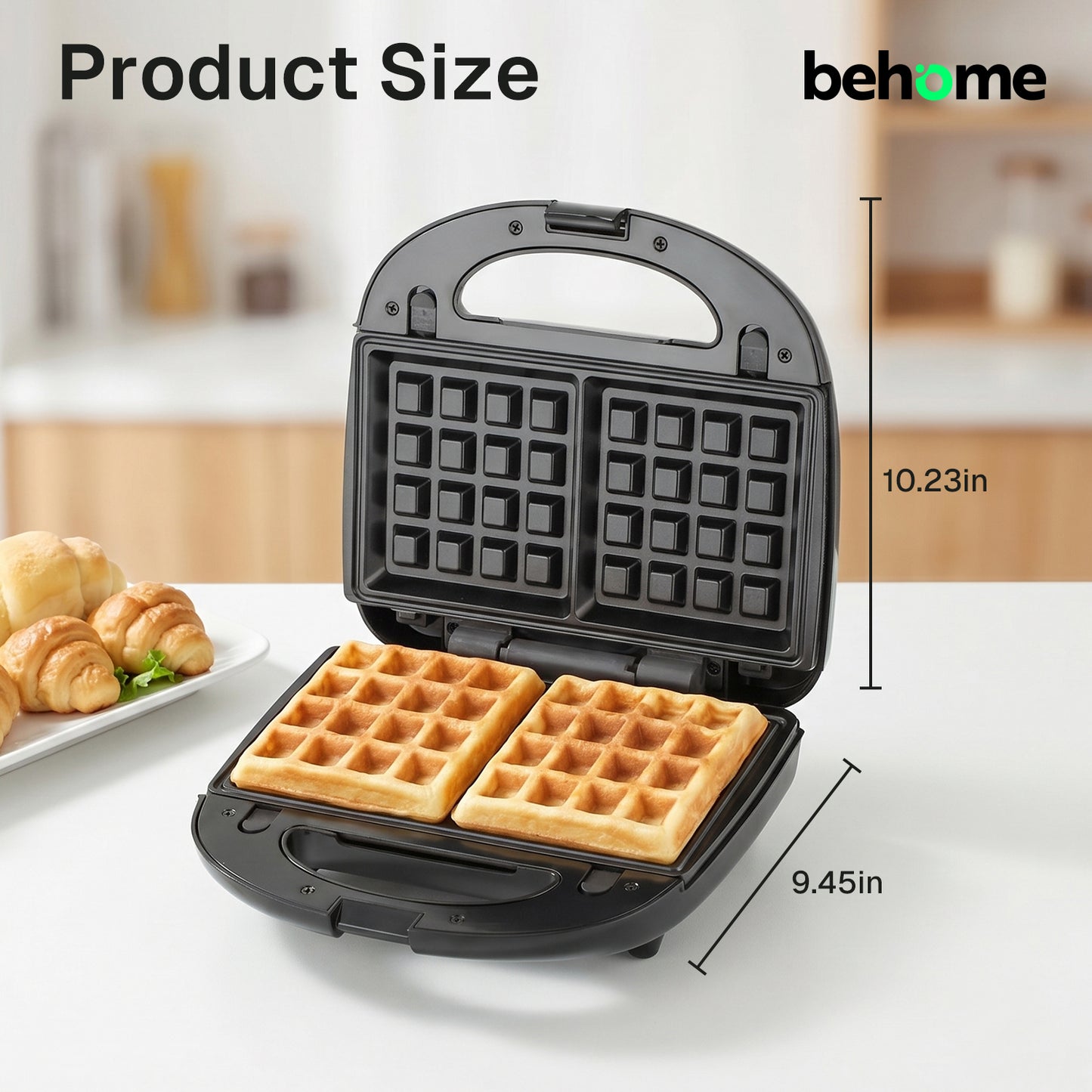 Behome 3 in 1 Waffle Maker with Nonstick Plates, Electric Sandwich Maker with Indicator Light, Sandwich Press Grill for Breakfast, Ham, Steaks, Black