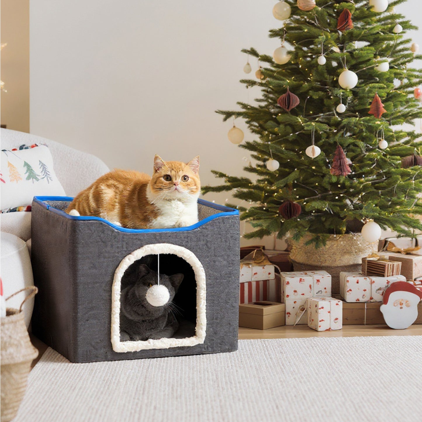 Behome Cat Bed, Cat Cave with Fluffy Ball and Scratch Pad, Foldable Cat Condo Hideaway with Reversible Cushion for Multi Small Pet, Dark Grey