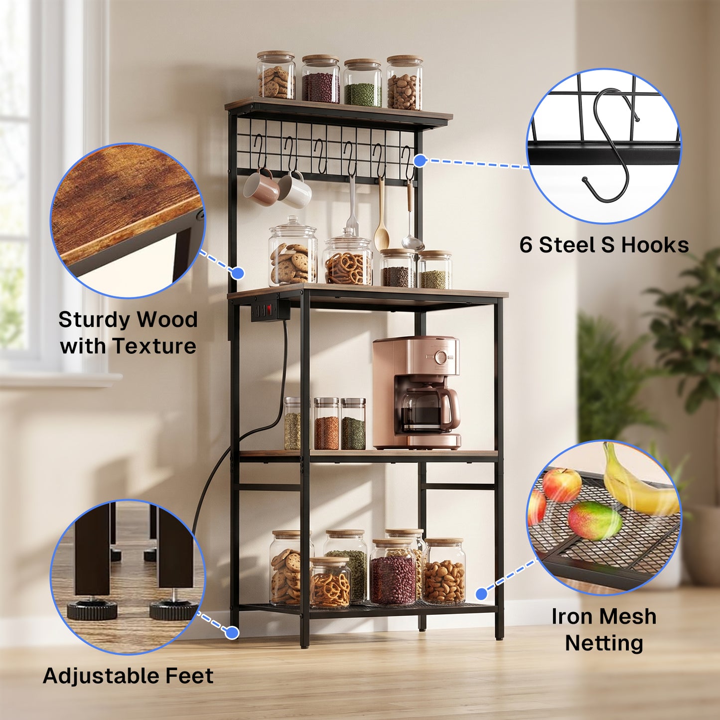 Behome Kitchen Bakers Rack with Power Outlet,Microwave Stand Station with 6 S Hooks,4 Tiers Kitchen Storage Shelf Rack for Kitchen, Dining Room,Living Room,Rustic Brown