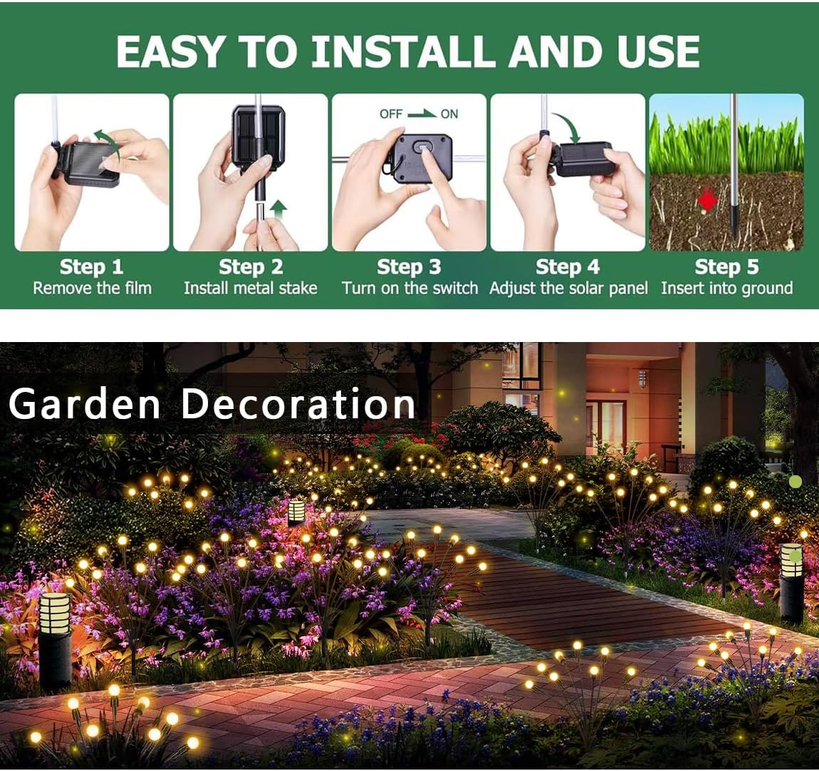 BN-LINK 4 Pack Solar Garden Lights, Auto On/Off 32 LED Solar Swaying Lights Outdoor Waterproof, Firefly Light for Outside Yard Pathway Landscape Decorations (Warm White)