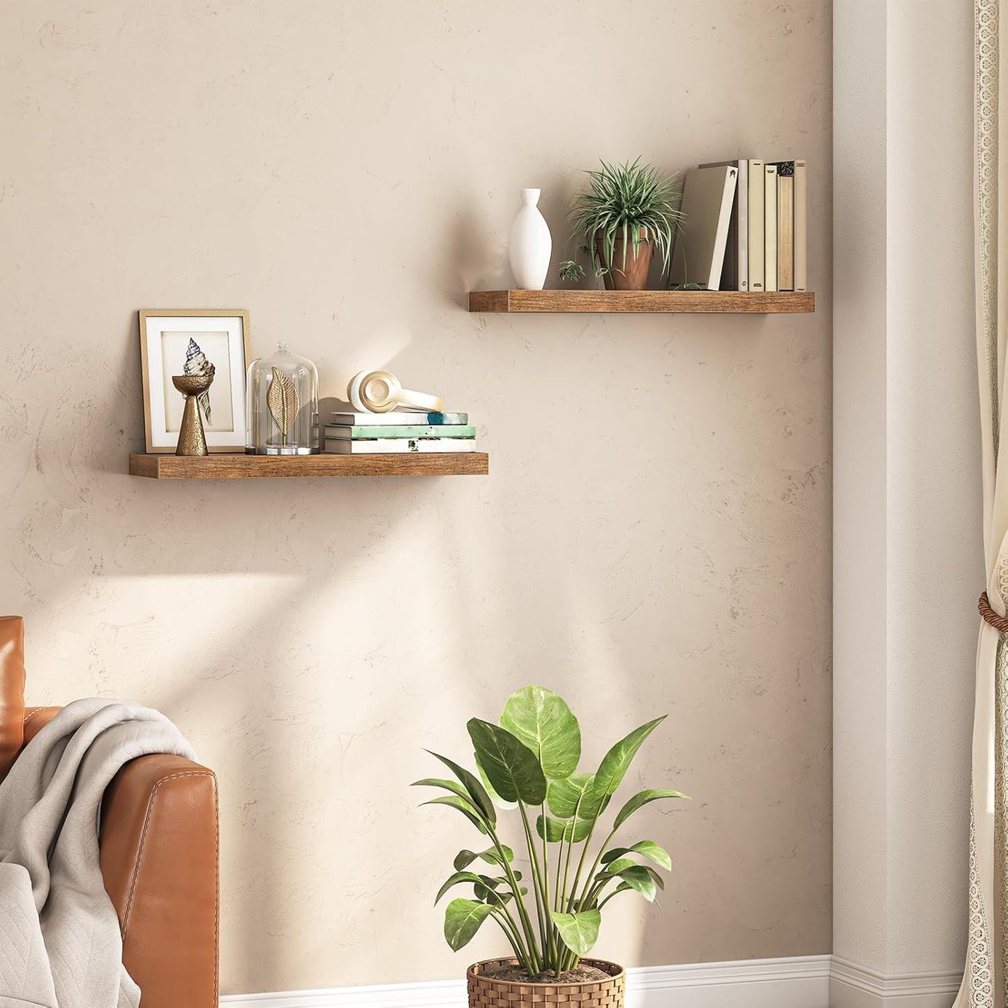 Behome 2 Pack Floating Shelves for Wall, 15.7" Farmhouse Rustic Wood Wall Mounted Shelves, Heavy Duty Hanging Shelf for Bathroom, Bedroom, Living Room or Kitchen