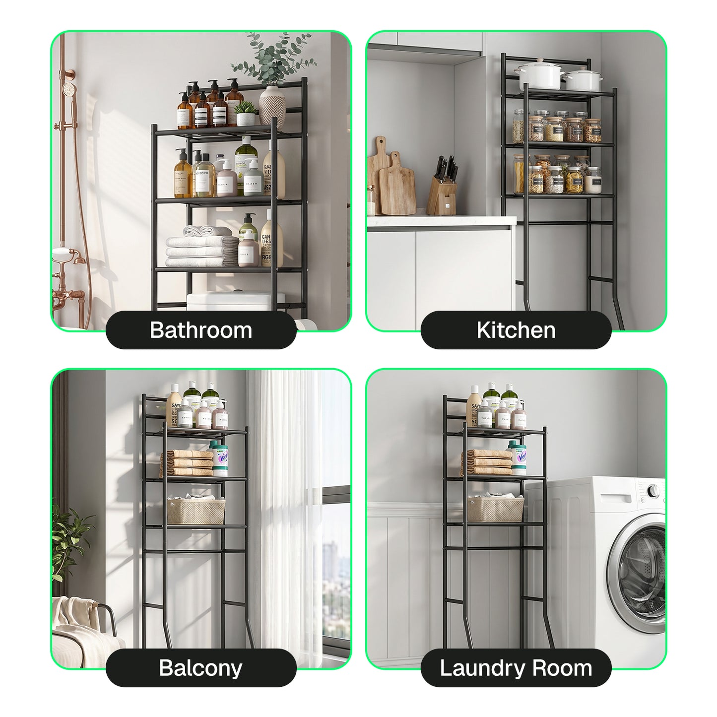 Behome 3-Tier Over The Toilet Storage Shelf, Bathroom Organizer Shelf Over Toilet with 6 Hooks, Freestanding Space Saver Bathroom Storage Shelves