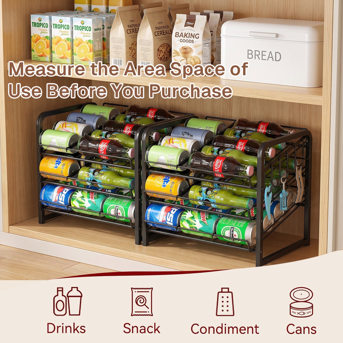 Behome 3 Tier Can Organizer for Pantry, Can Rack Organizer with Adjustable Dividers, Sturdy Can Storage Holder for Canned Food Soda Drinks, Black