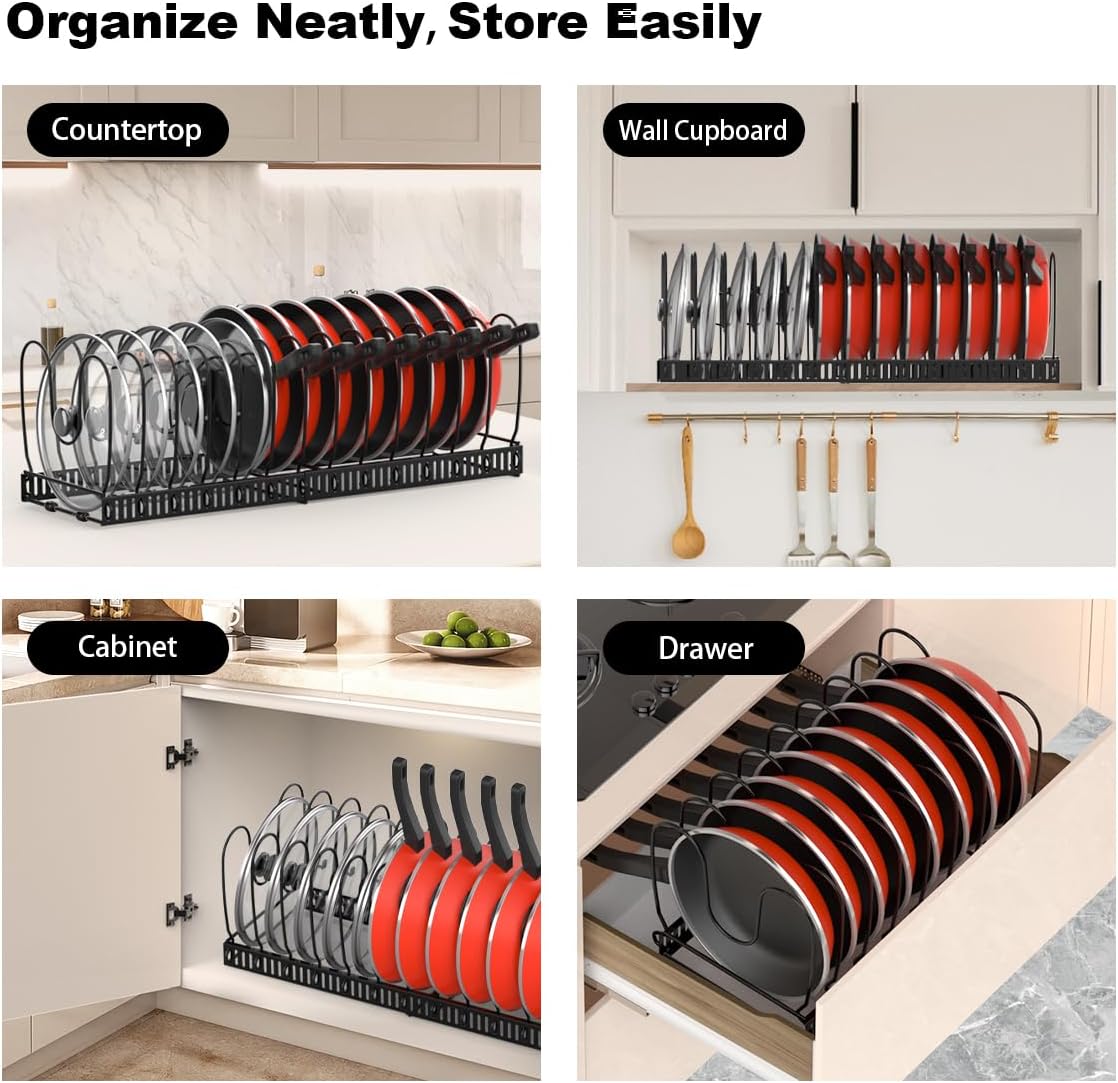 Behome Pots and Pans Organizer Under Cabinet, Expandable Pot Lid Organizer Holder with 10 Adjustable Dividers, Kitchen Pot Pan Lid Rack Storage Holder Organizers, Black