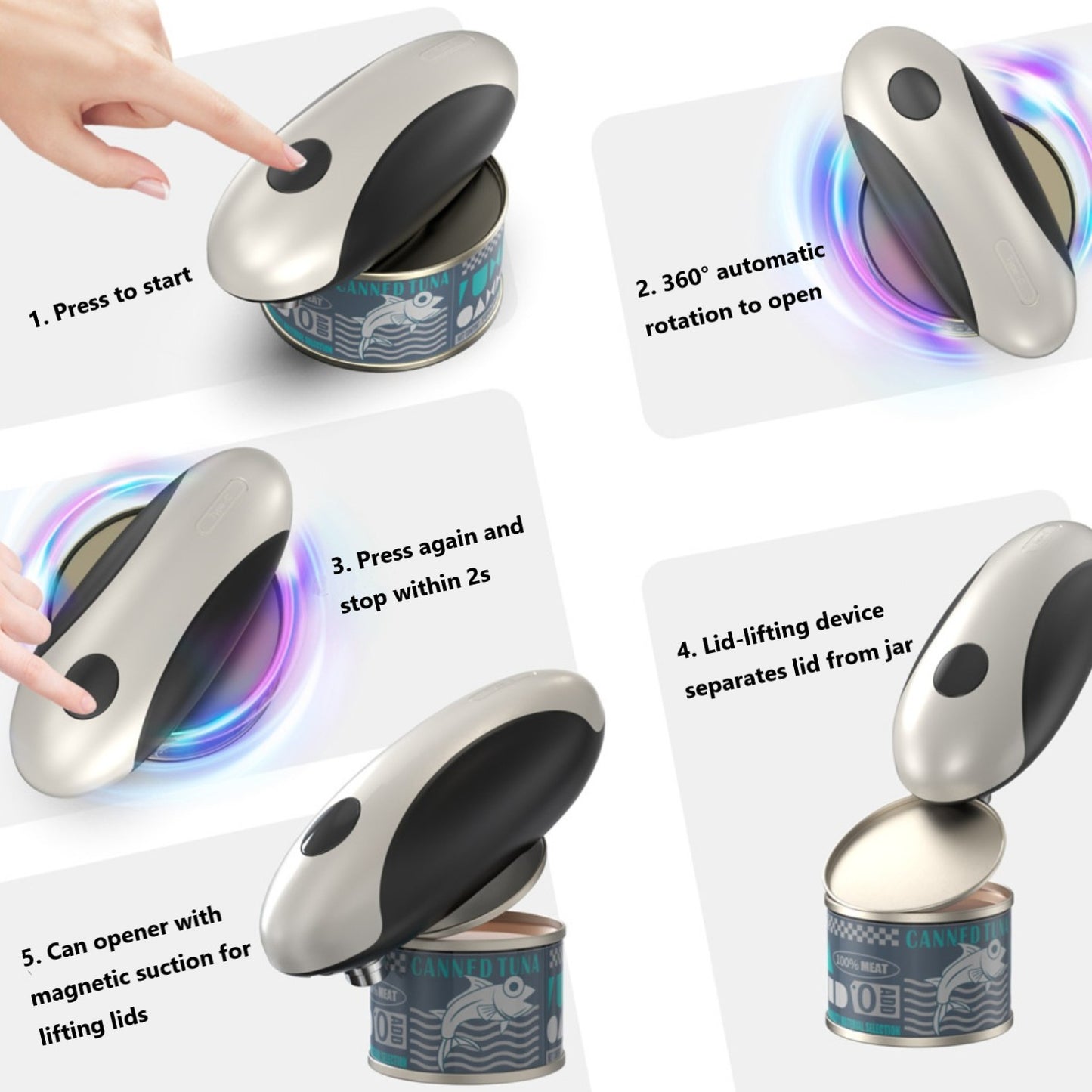 Behome Rechargeable Electric Can Opener, One Touch Automatic Can Opener for Kitchen and Seniors with Arthritis, Smooth Edge & Handsfree, Ultra-Compact Opener Fits All Can Sizes, White