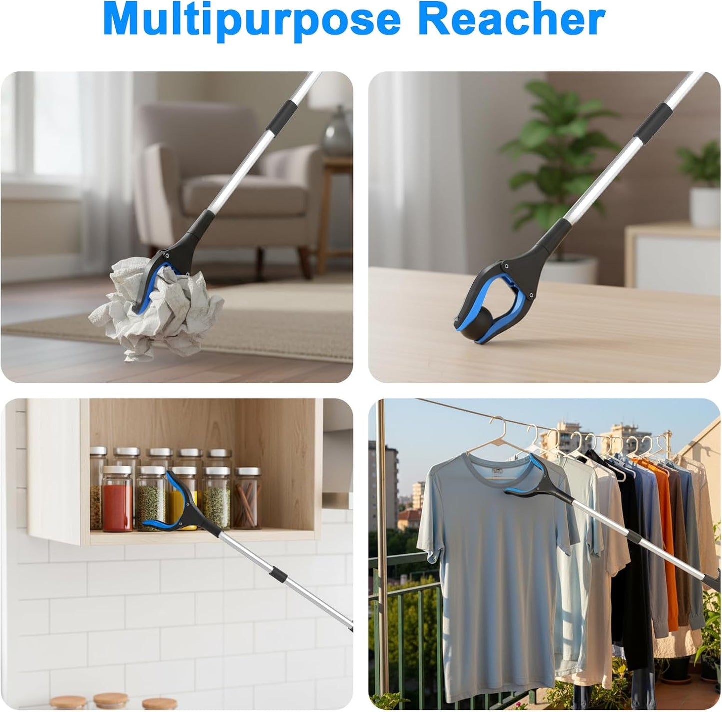 Behome 33” Grabber Reacher Tool, Foldable Reacher Grabber Pickup Tool with 360°Rotating Jaw & Magnets, Grabbers for Seniors for Outdoor & Indoor (Blue)