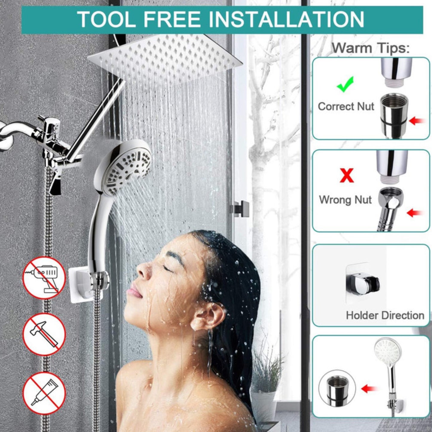 BN-LINK 8 Inch Rain Shower Head Combo, High Pressure Shower Head with 9 Spray Pattern, 11 Inch Extension Arm, Height/Angle Adjustable Anti-leak Shower Head with Holder/Hose