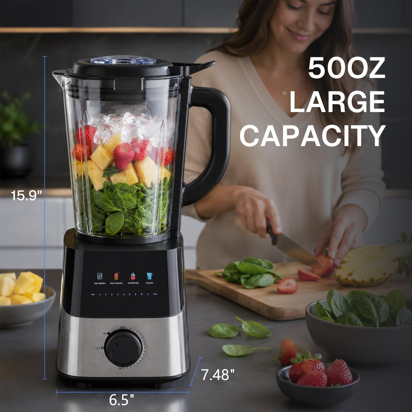 Behome Blender with Grinder, Stepless Speed & 4 Functions, 1200W Blender for Smoothies with 50 Oz Glass Jar, Self-Cleaning Blenders for Kitchen, Black