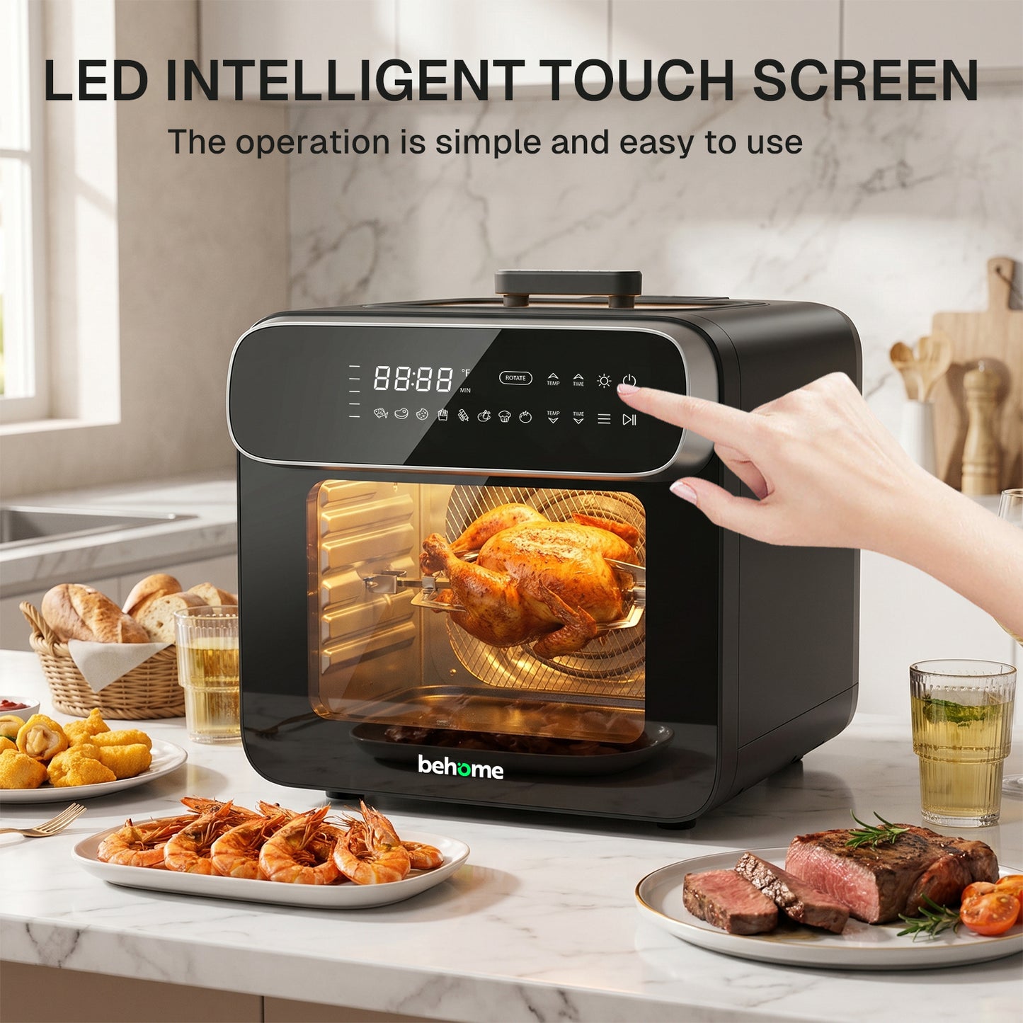 Behome 12.68QT Air Fryer Oven，8-in-1 Functions Digital Airfryer with Visible Window, 3-Layer Cooking Air Fryer for Crisps, Bakes, Roasts,1600W,Black