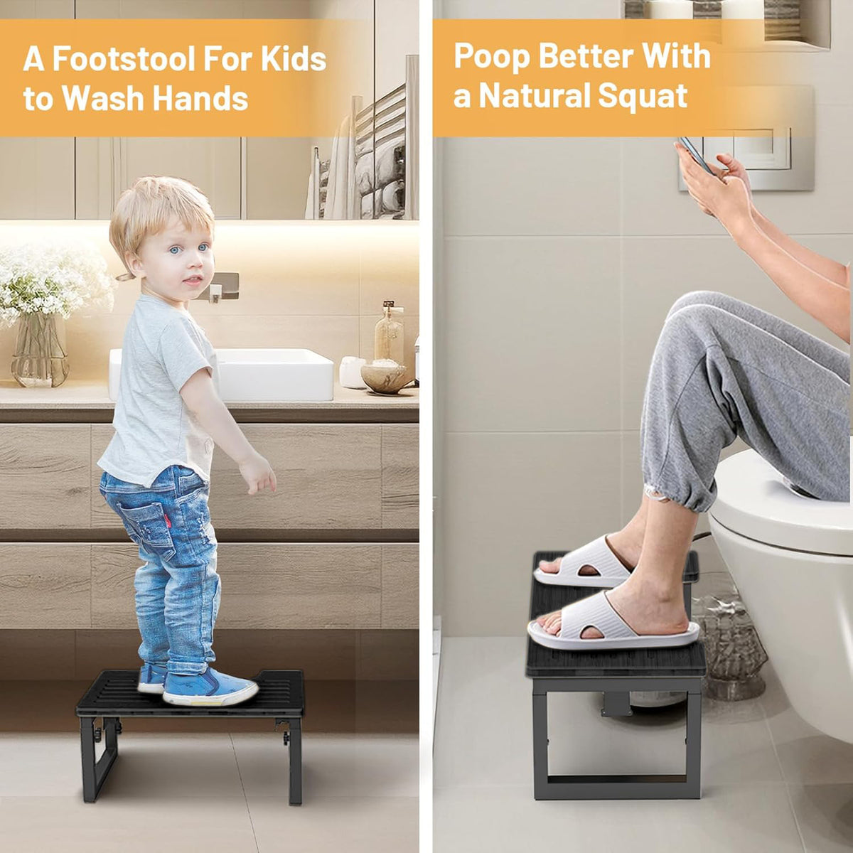 Behome Foldable Toilet Stool, 7 in, 8 in or 9 in Adjustable Height Potty Stool for Adults, Non-Slip Poop Step Stool for Bathroom, Improve Squatting Posture and Comfort, Black