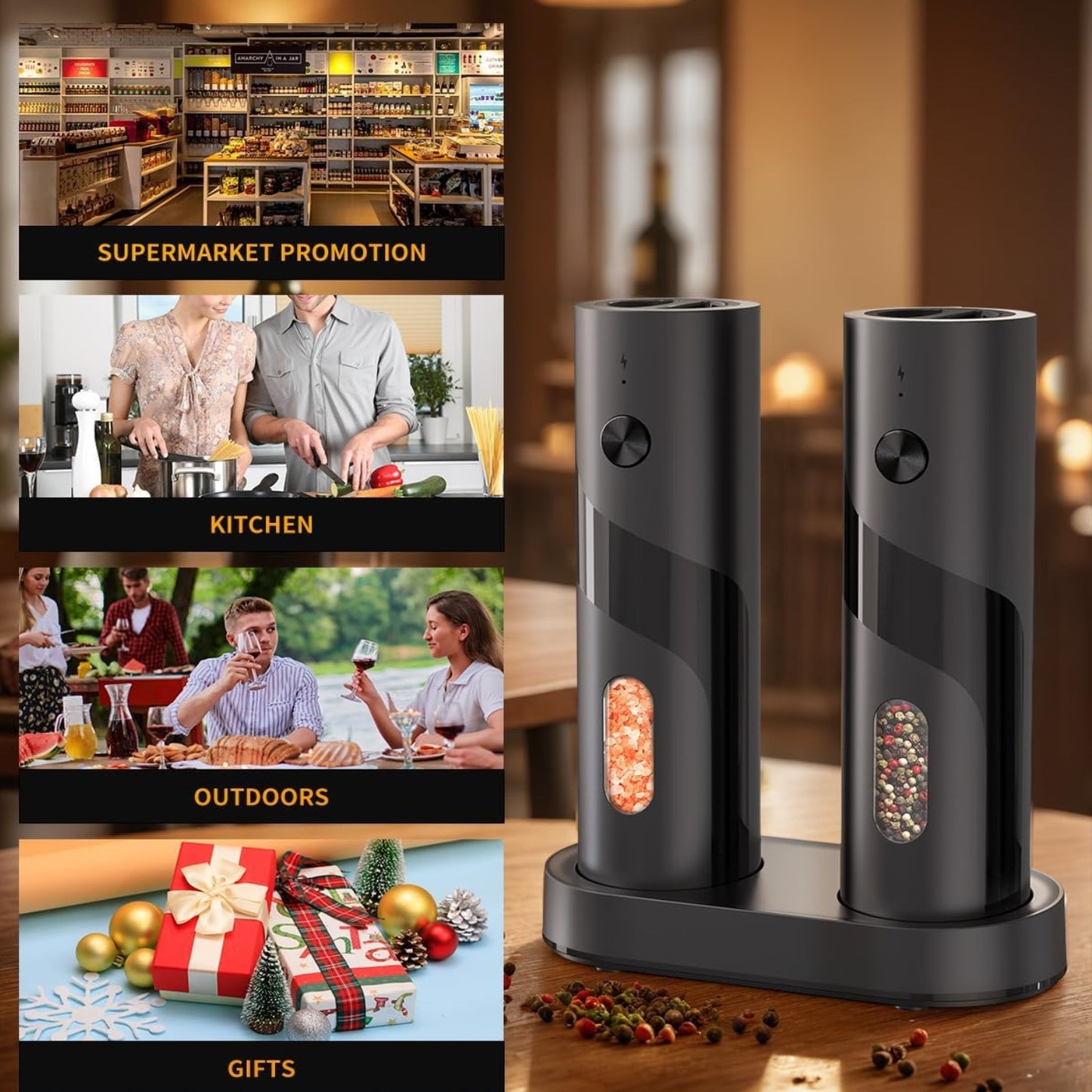 BN-LINK 2Pack Electric Pepper and Salt Grinder Set, Rechargeable Salt and Pepper Mill with LED Light, Charging Base & Adjustable Coarseness, One Hand Automatic Operation, for Kitchen, Outdoor, Black (4.7) | 103 ratings