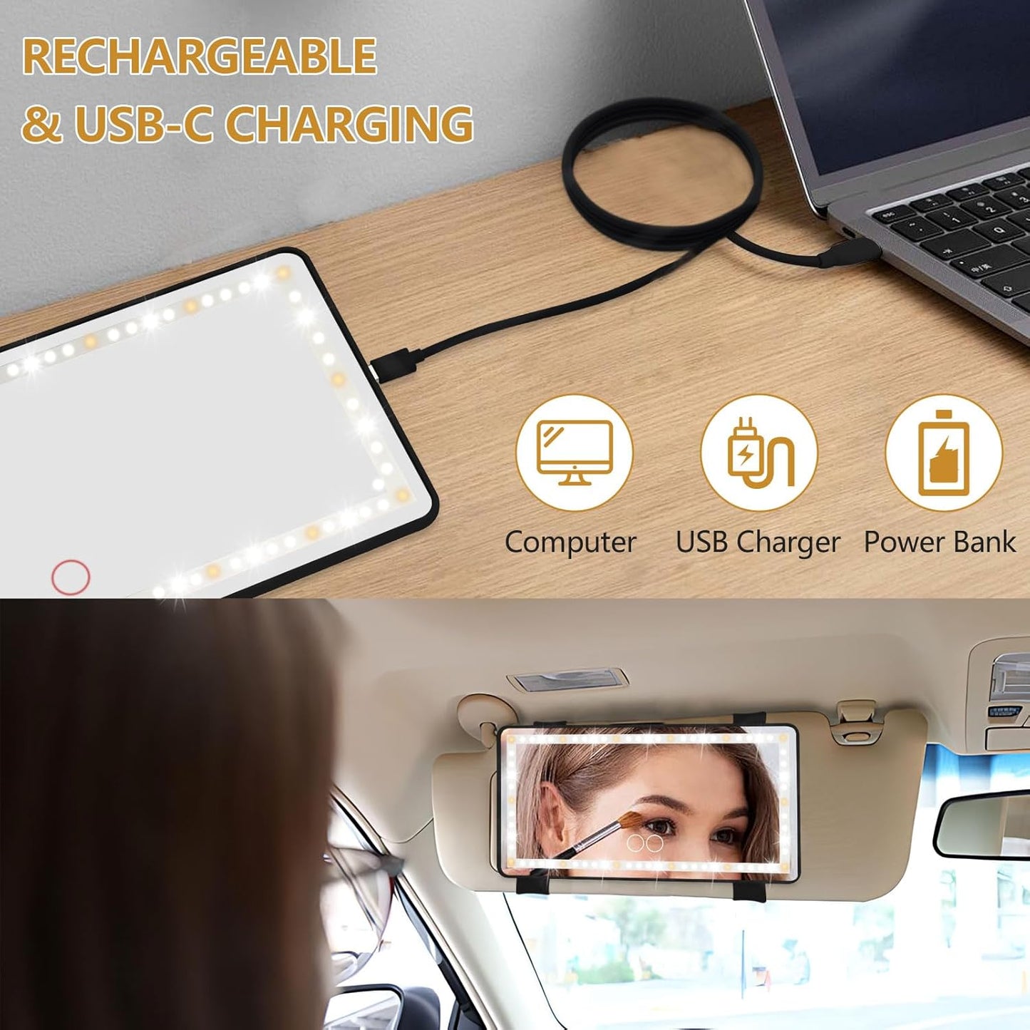 Behome Makeup Mirror, Rechargeable Car Visor Vanity Mirror with Light, Portable Led Makeup Mirror for Car Truck Suv