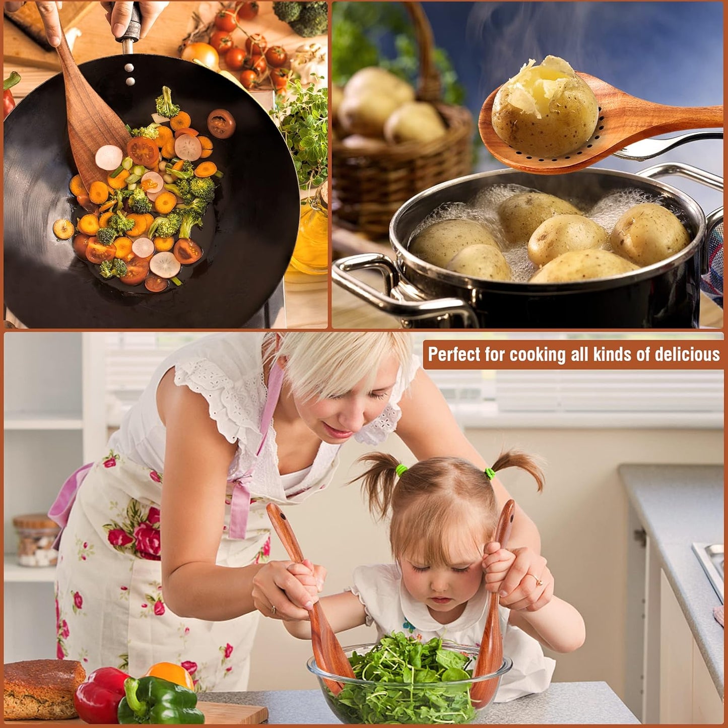 Behome 6pcs Wooden Kitchen Utensil Set, Non-Stick Cooking Utensils Set with Ergonomic Handles, Wooden Spoons for Cooking, Housewarming Gifts for Everyday Use
