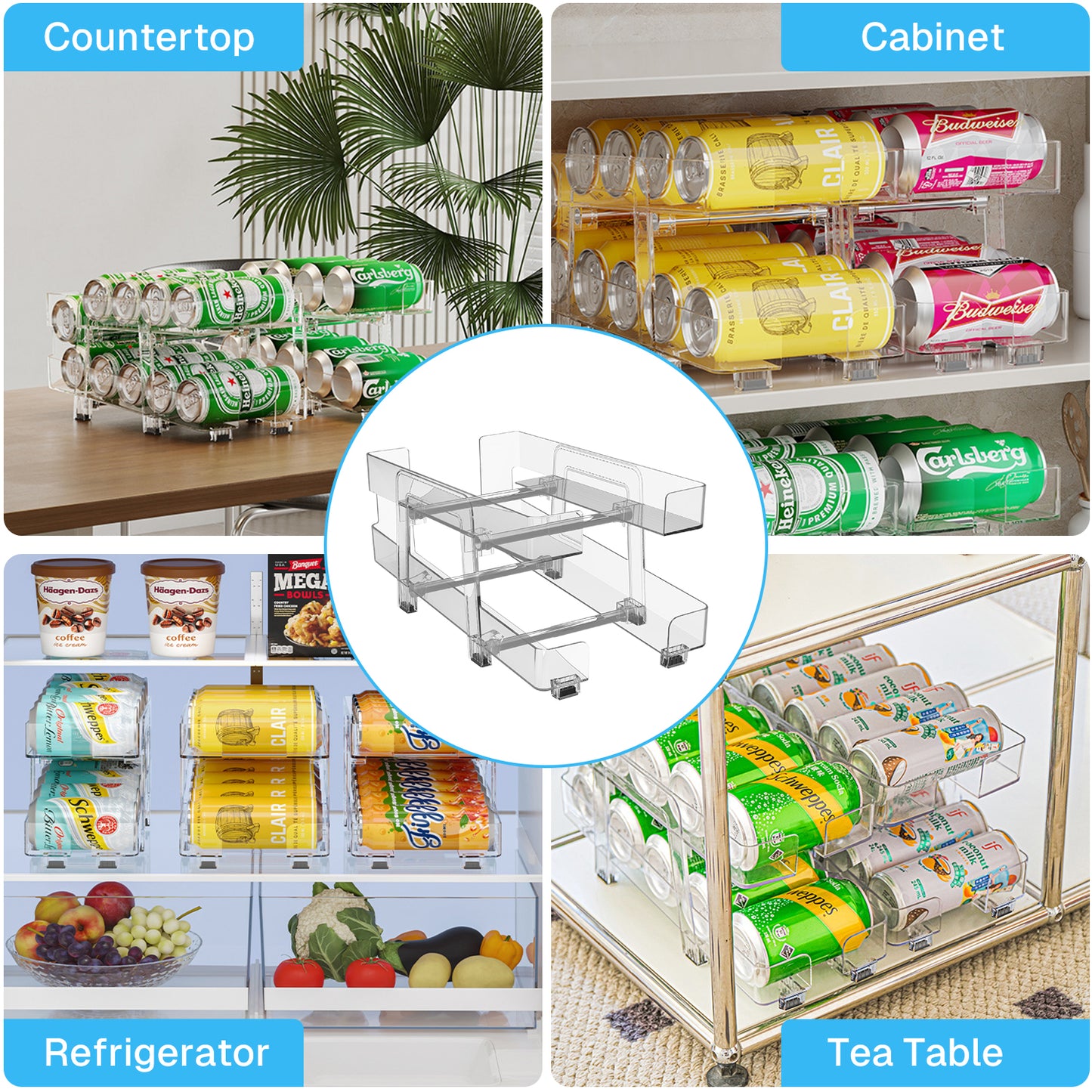 Behome 2 Pack Soda Can Organizer, Width Adjustable Soda Can Dispenser, Expandable Clear Drink Organizer for Refrigerator, Kitchen, Pantry