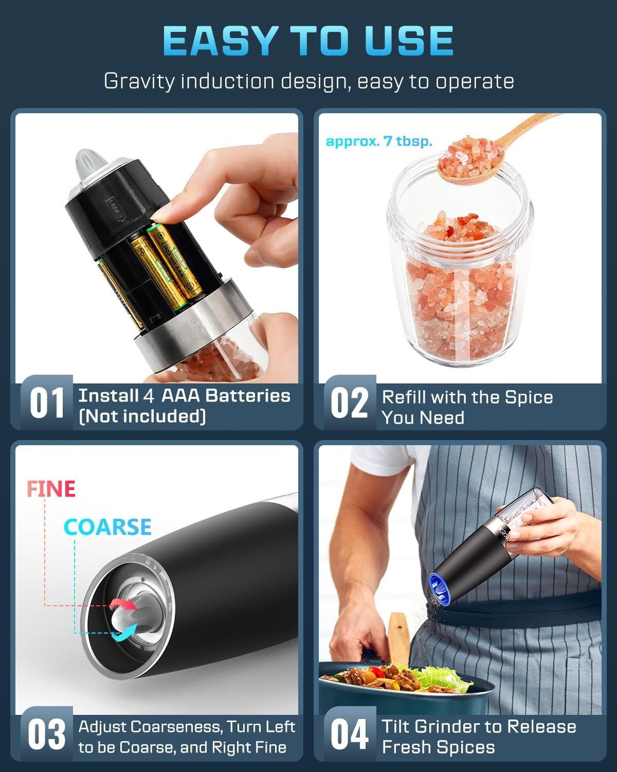 BN-LINK Gravity Electric Pepper and Salt Grinder Set, 2pack Battery Operated Automatic Pepper Mill Grinder with LED Light, Adjustable Coarseness, One Hand Automatic Operation, for Home Kitchen BBQ