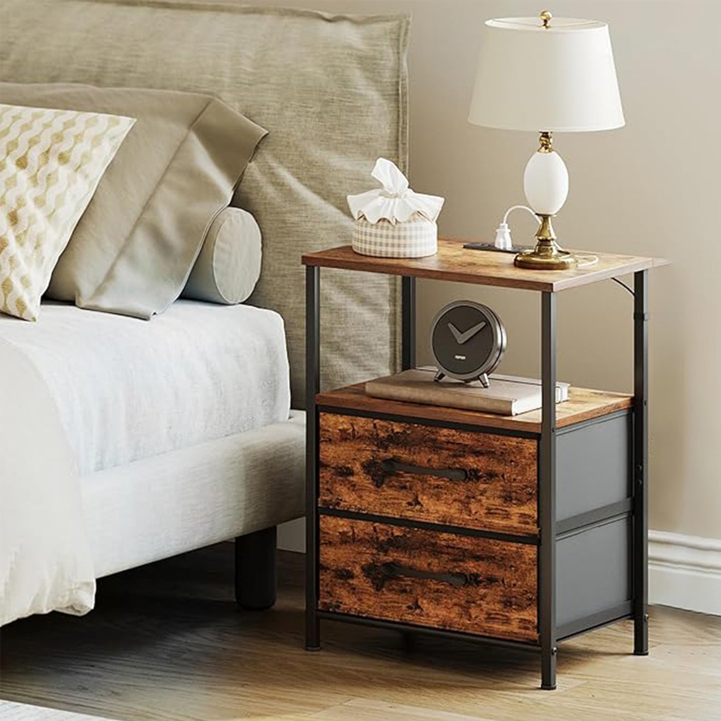 Behome Nightstand with Charging Station, Bedside Table with Storage, End Tables with USB Ports and Outlets for Bedroom, Living Room,Rustic Brown