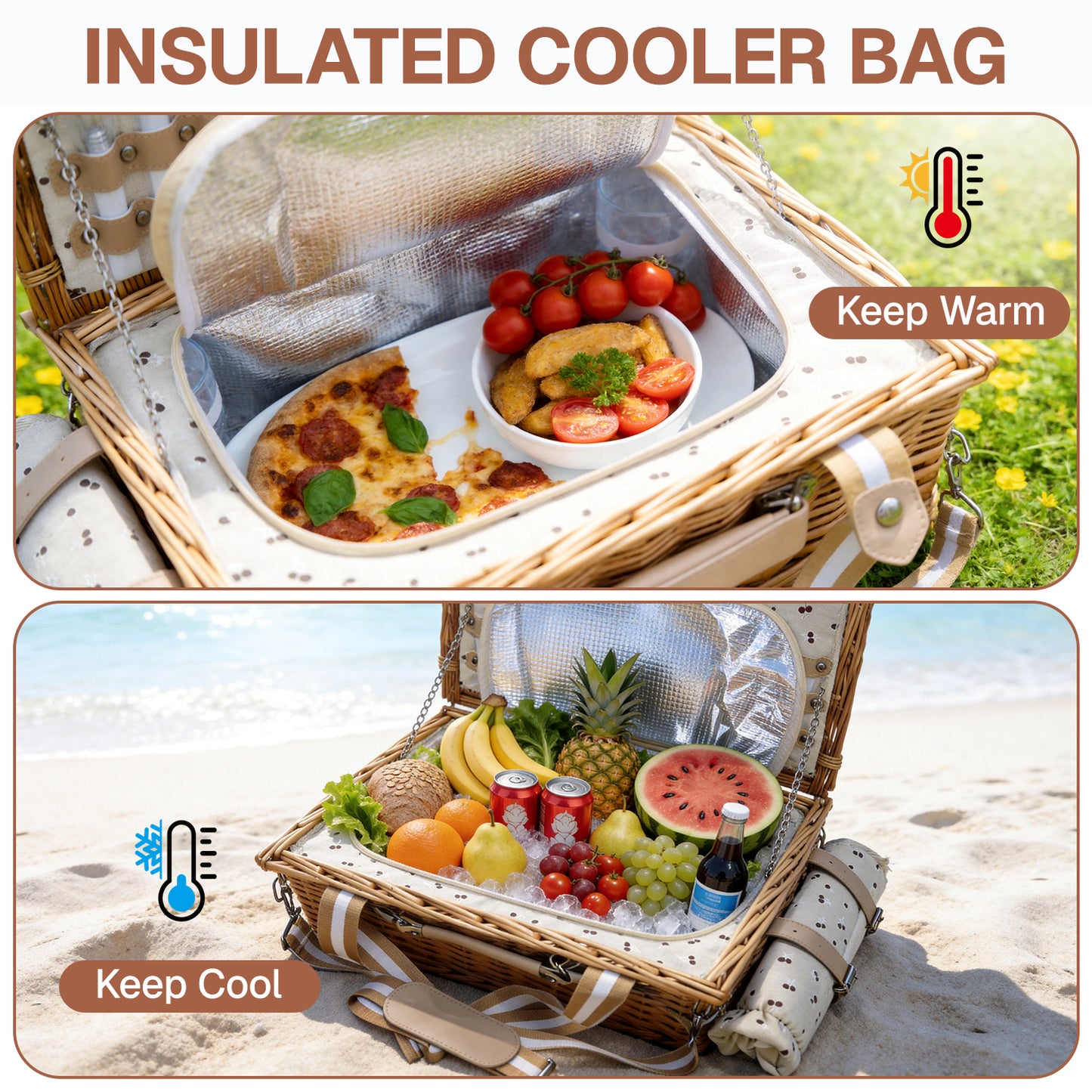 BN-LINK Wicker Picnic Basket for 2, Picnic Basket with Waterproof Blanket & Insulated Liner,Willow Hamper for Picnic, Camping,Travel, Natural