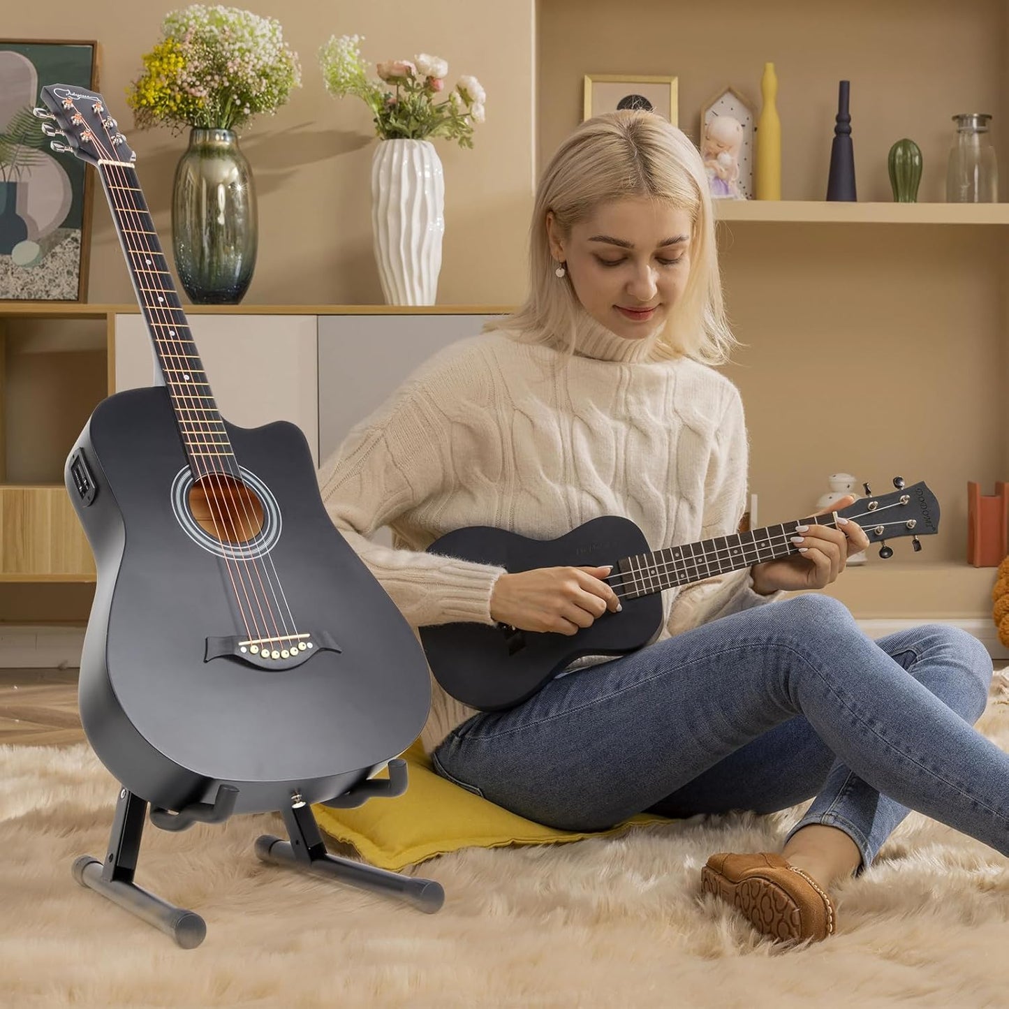 Behome Foldable Guitar Stand, Portable and Adjustable A-Frame Bass Guitar Display Stand, with Non-slip Rubber And Foam Arm, Suitable for Electric & Acoustic Guitars, Bass & Banjo, Black