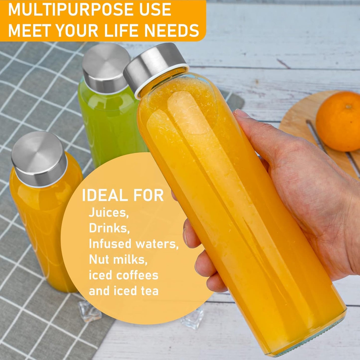 Behome 18 oz Glass Juice Bottles with Lids, 6 Pack Reusable Water Bottles with Funnel, Leak Proof & BPA Free, Glass Water Bottle for Juicing, Refrigerator, Beverage Storage Containers