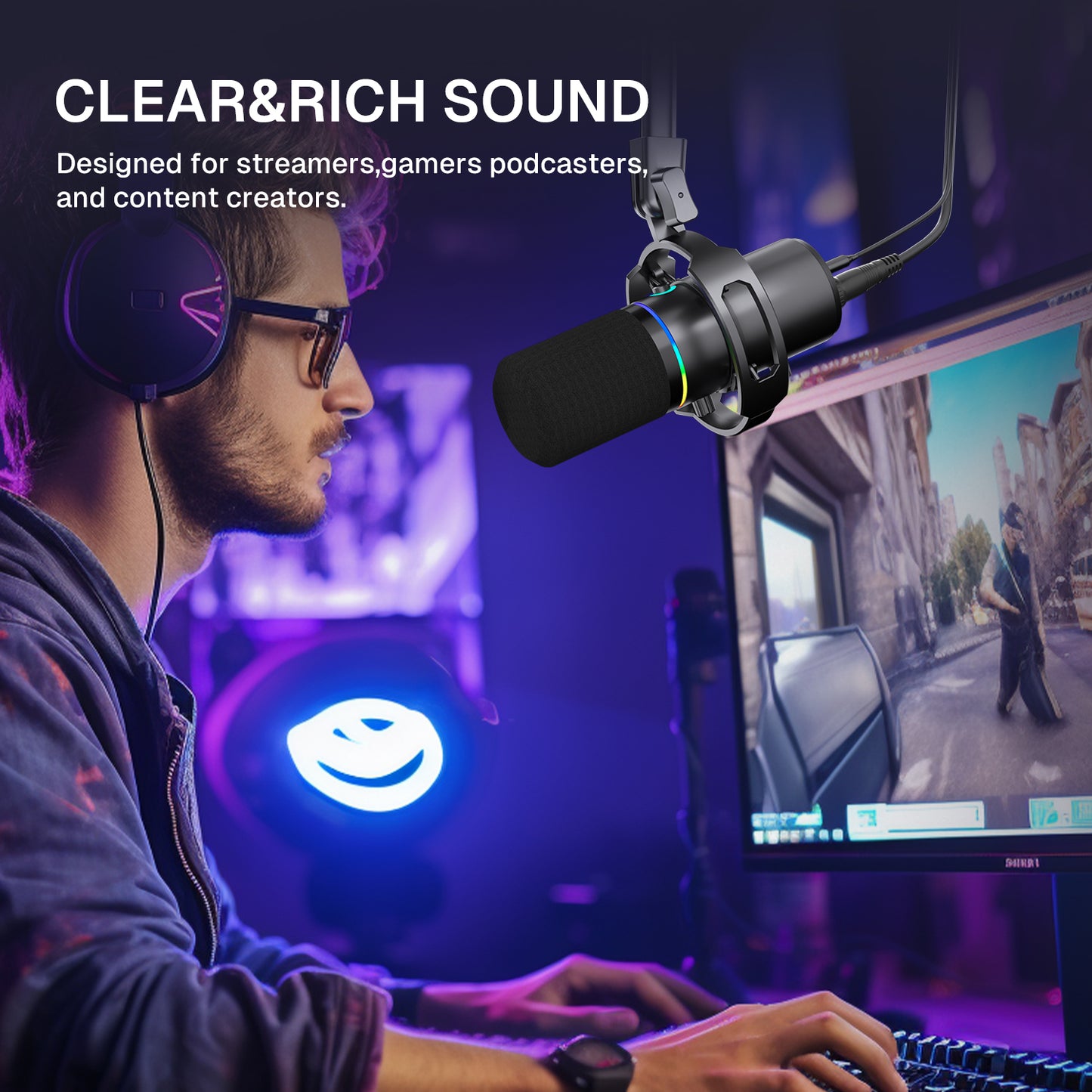 Behome 360° XLR USB Dynamic Microphone, Podcast Microphone with Boom Arm, RGB Light, Mute Indicator, Volume Adjustment,Gaming Microphone for PC, Streaming, Podcast, Discord, PS5,Black