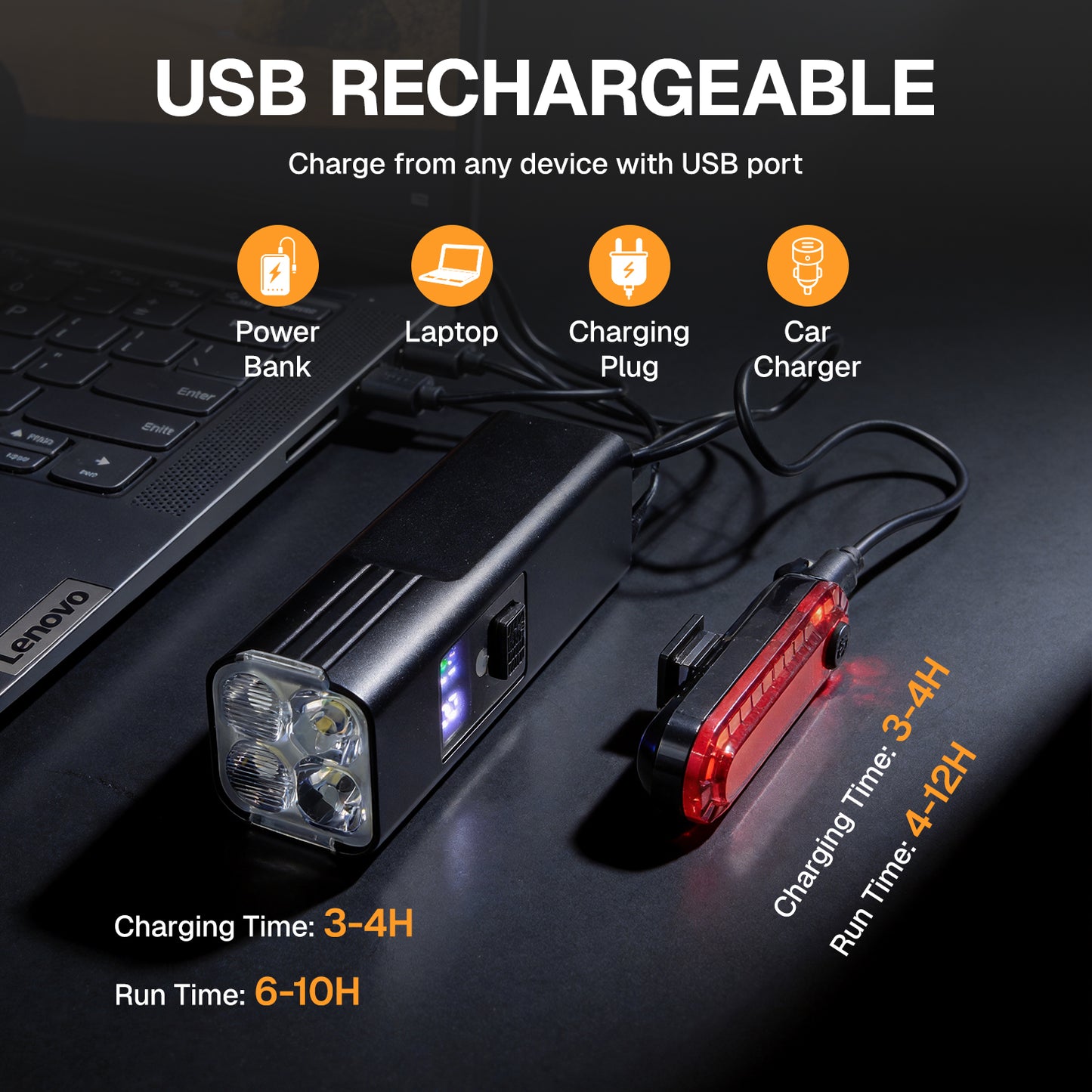Behome Bright Bike Light for Night Riding, USB Rechargeable Bicycle Light Set, 4 LED High Brightness Bicycle Headlight Set, Waterproof Bicycle Front Headlight and Back Taillight, Aluminum Bike Access