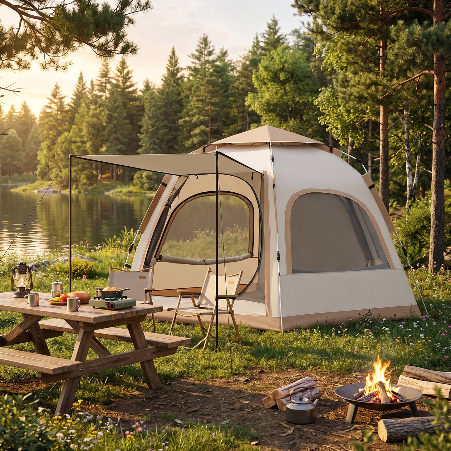 BN-LINK 5-8 Person Camping Tent, Waterproof Windproof Pop Up Tent with 2 Doors, 4 Large Mesh Windows, Automatic Setup Instant Tents for Camping, Hiking & Traveling,Beige