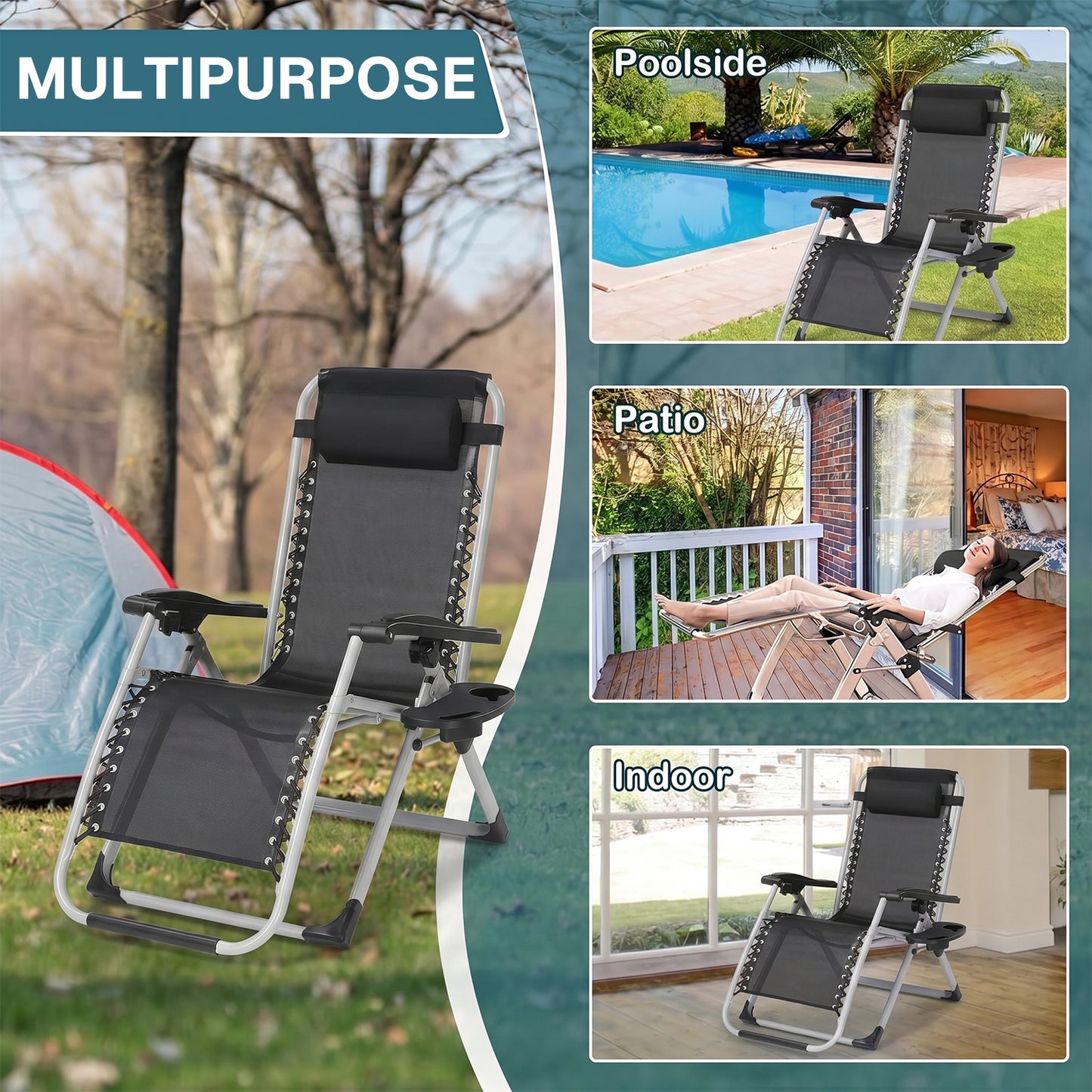 BN-LINK Zero Gravity Lounge Chair, Adjustable Folding Recliner with Pillow and Detachable Cup Holder, Outdoor Lounge Chair Suitable for Backyard, Camping, Beach