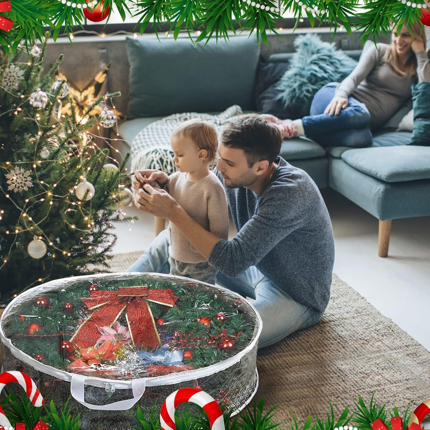 Behome 2 Pack Christmas Wreath Storage Bag, Clear Christmas Decoration Garland Container, Durable Zipper PVC Holiday Wreaths Storage Holder with Handles (White, 24”)