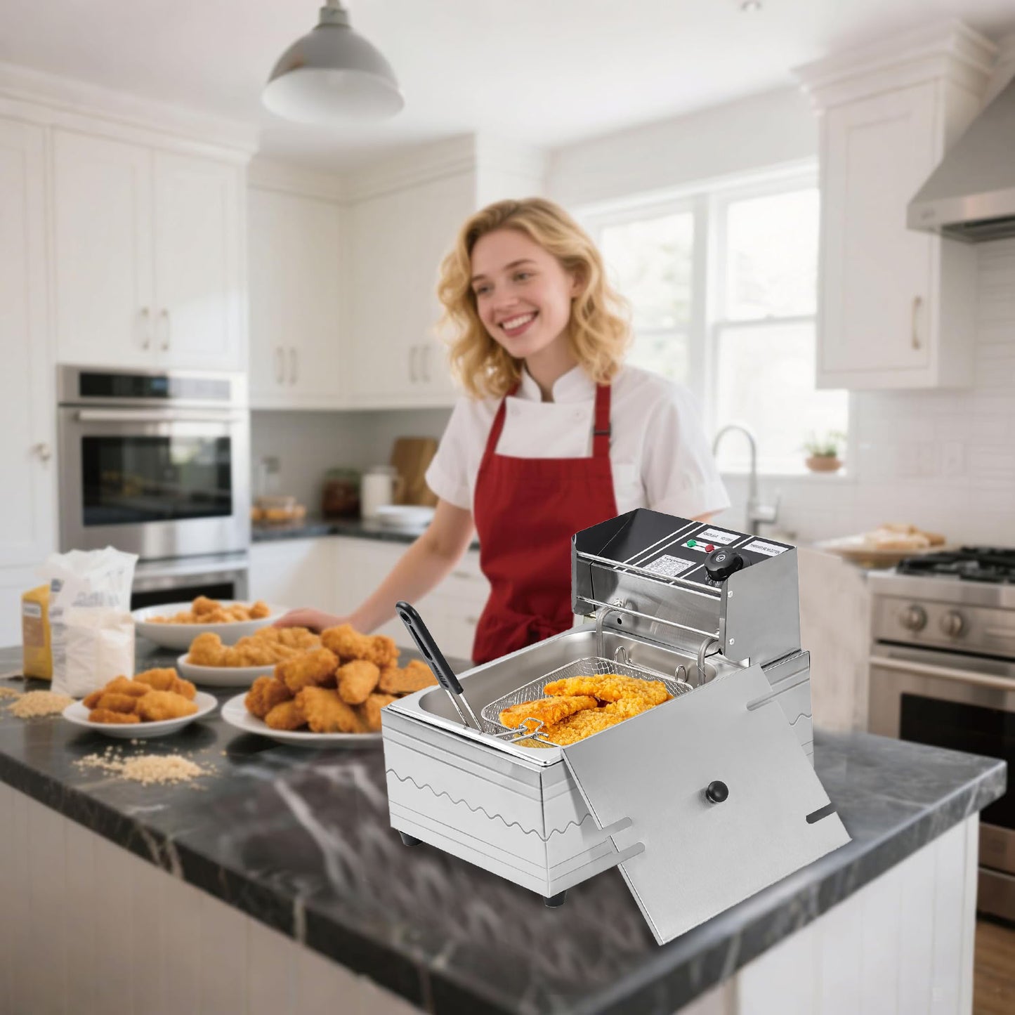 BN-LINK Deep Fryer with Basket, 2500W 6.34QT/6L Thickened Stainless Steel Countertop Electric Oil Fryer, with Adjustable Temperature & Timer
