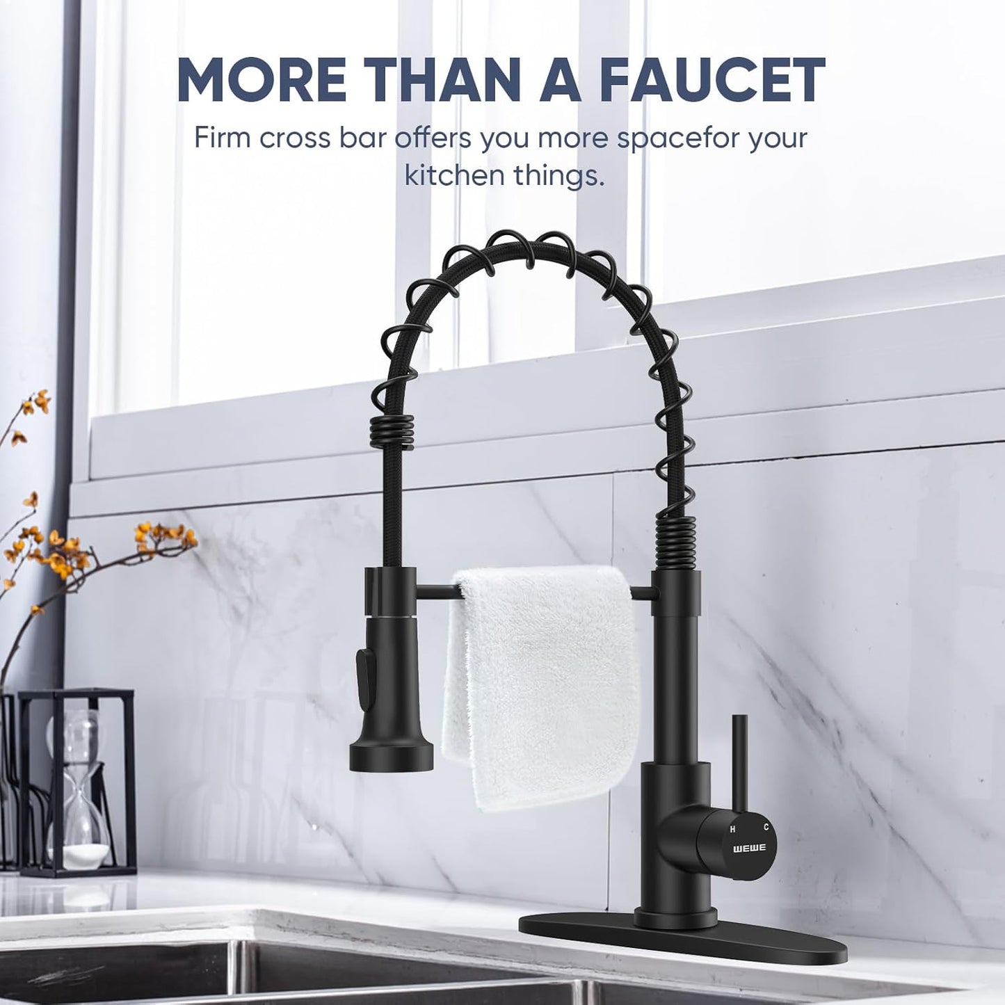 Behome Kitchen Faucet with Pull Down Sprayer, Stainless Steel Single Handle Spring Kitchen Sink Faucet with 2 functions, Pull Out Sink Faucets for Farmhouse Camper Laundry, Black