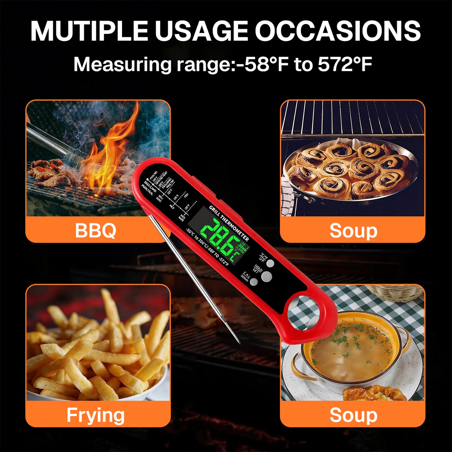 Behome Meat Thermometer, Instant Read Meat Thermometer Digital with Dual Probe, Waterproof Food Thermometer for BBQ,Grill, Fry, Oven, Candy Making