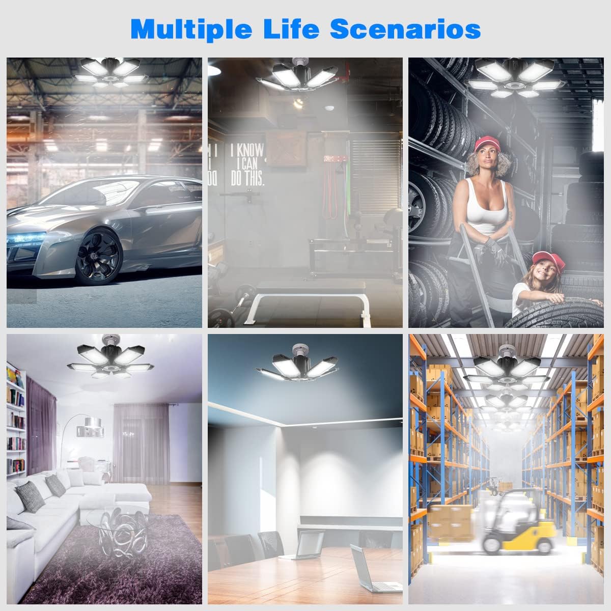 BN-LINK 2 Pack Garage Lights, 18500LM 6500K Deformable LED Garage Light with 6+1 Adjustable Panels, Ultra Bright Lights Workshop Warehouse, Black