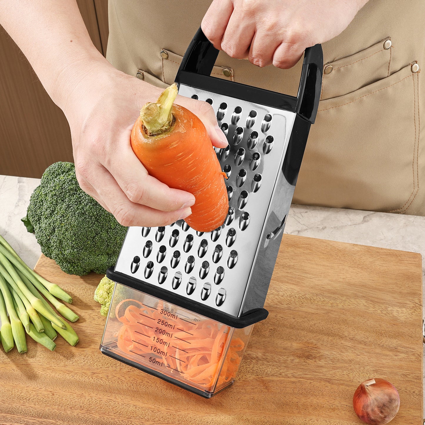 Behome Cheese Grater with Container, 4-Side Stainless Steel Cheese Shredder & Vegetable Chopper with Slip Resistant Handle, Box Grater for Fruit, Vegetables, Ginger
