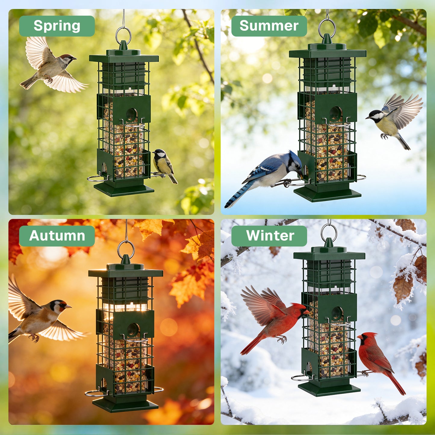 BN-LINK Squirrel Proof Bird Feeder, Metal Bird Feeder with 4 Ports, Chewing Proof&amp; Rust-Resistant, 3 lb Capacity, Outdoor Hanging Birdfeeder for Wild birds,Green