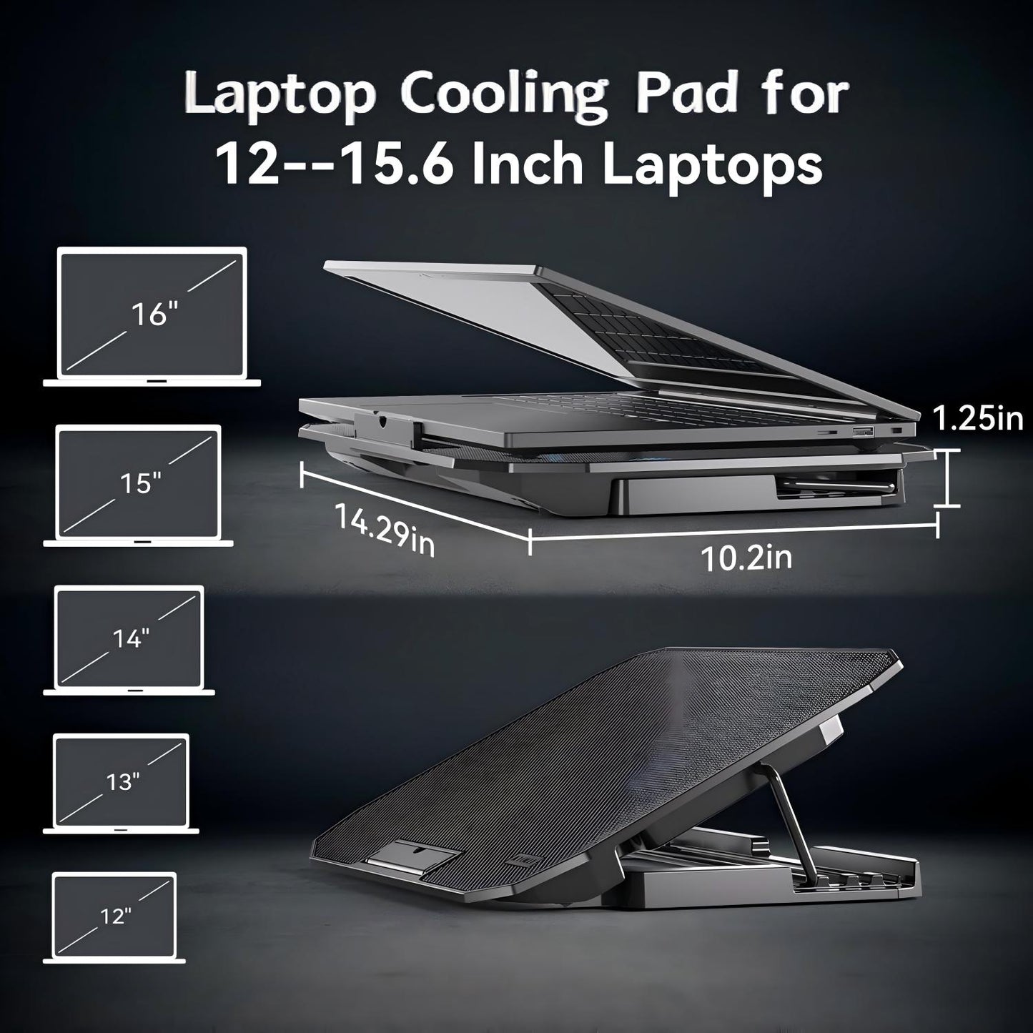 Behome Laptop Cooling Pad, 5 Heights & Stepless Adjustable Speeds, Quiet Gaming Laptop Cooler with Blue Lights, Portable Two USB Ports Laptop Cooler for 12"-15.6" Laptops, Black